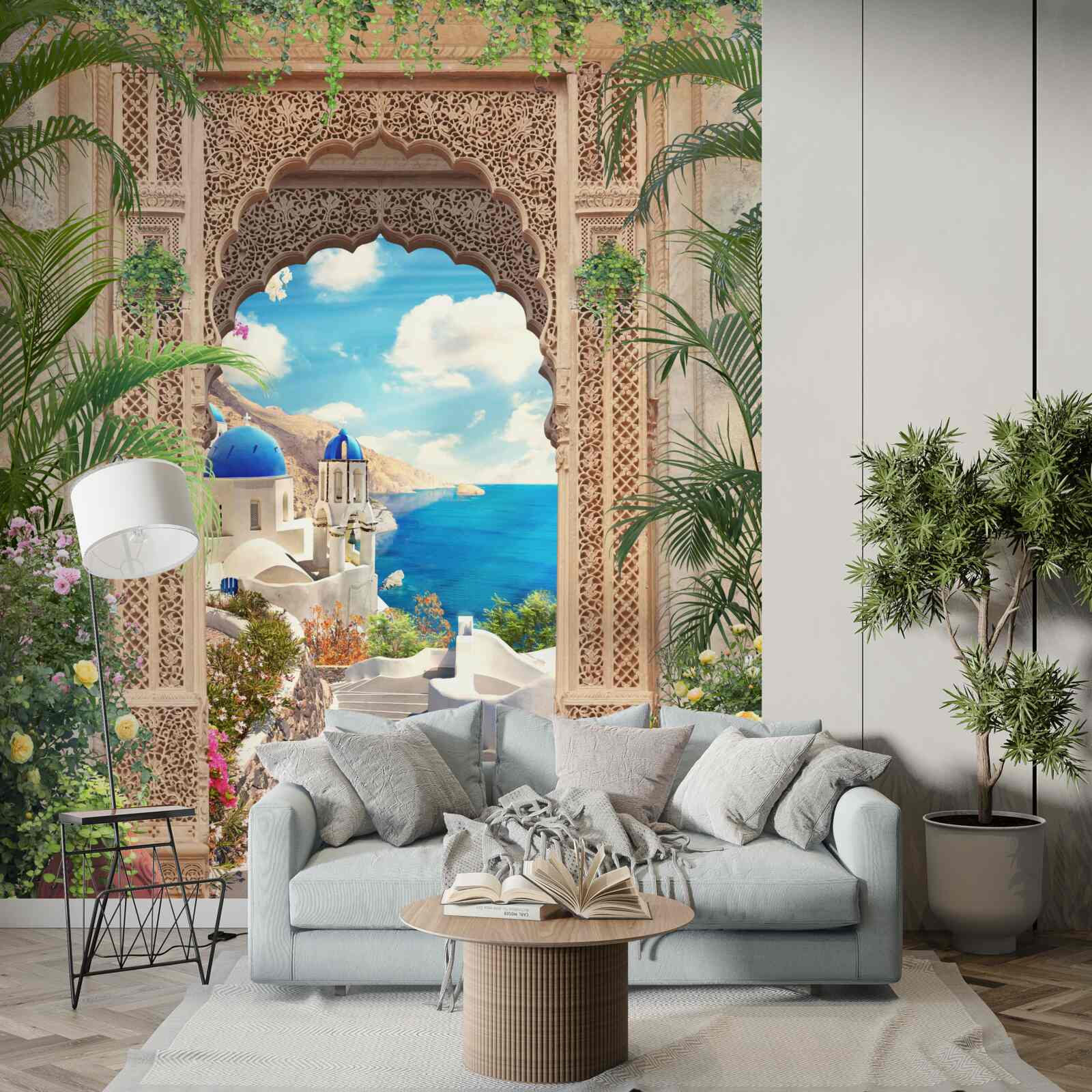 Papier peint panorama sur la mer et la ville, s'ouvrant depuis l'arche