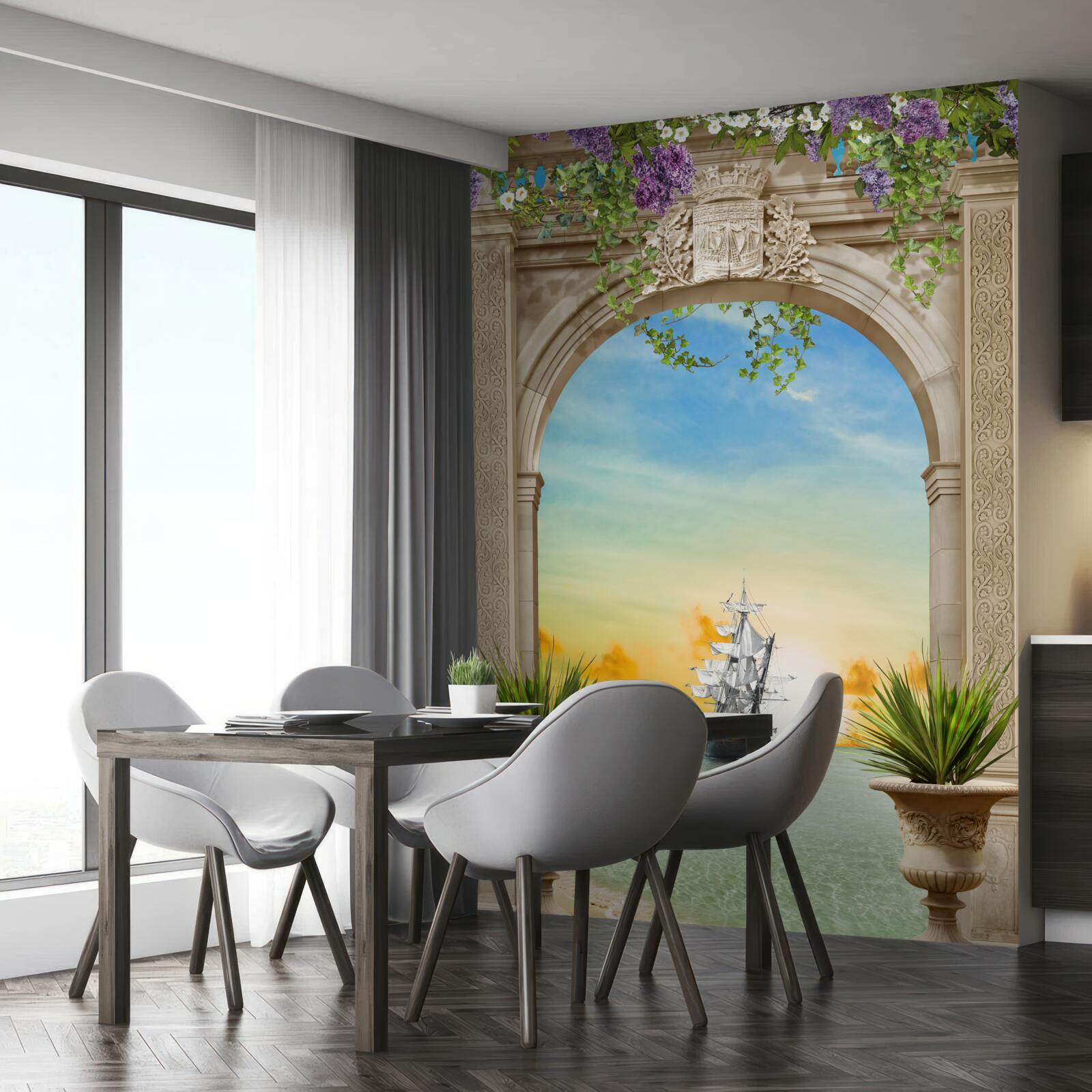 Papier peint paysage marin depuis la proue avec un navire qui passe