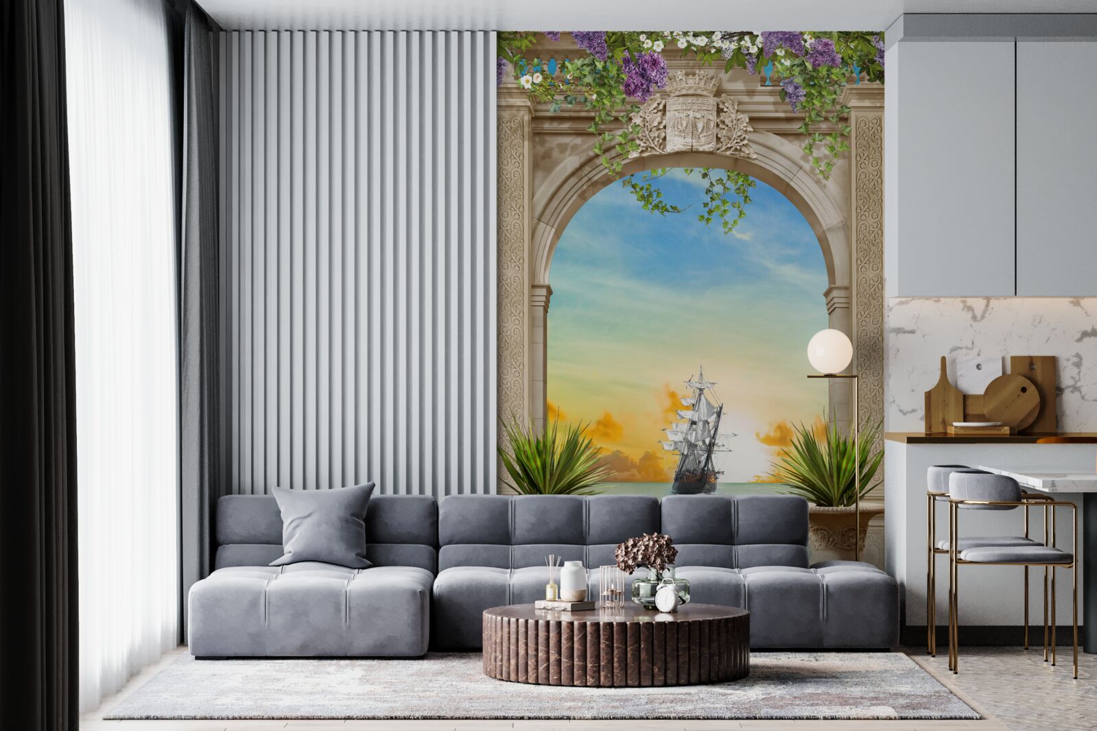 Papier peint paysage marin depuis la proue avec un navire qui passe