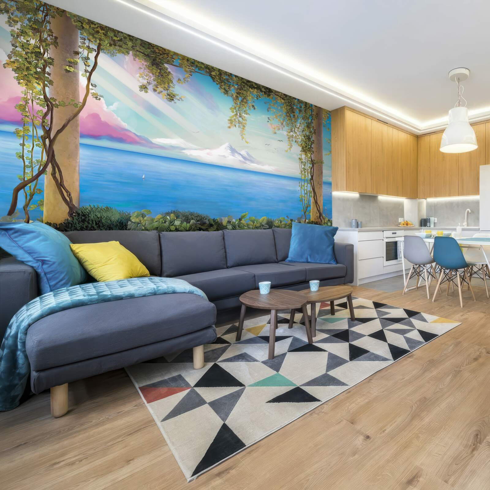 Papier peint paysage avec mer et montagnes lointaines