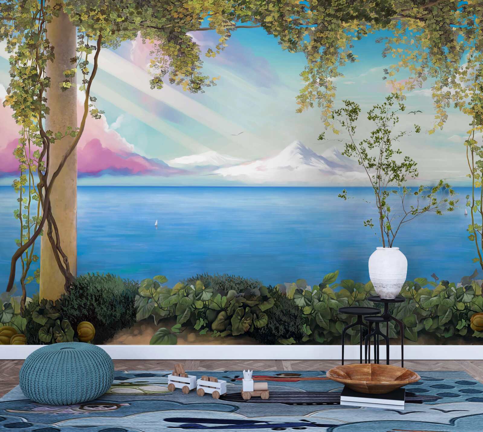 Papier peint paysage avec mer et montagnes lointaines