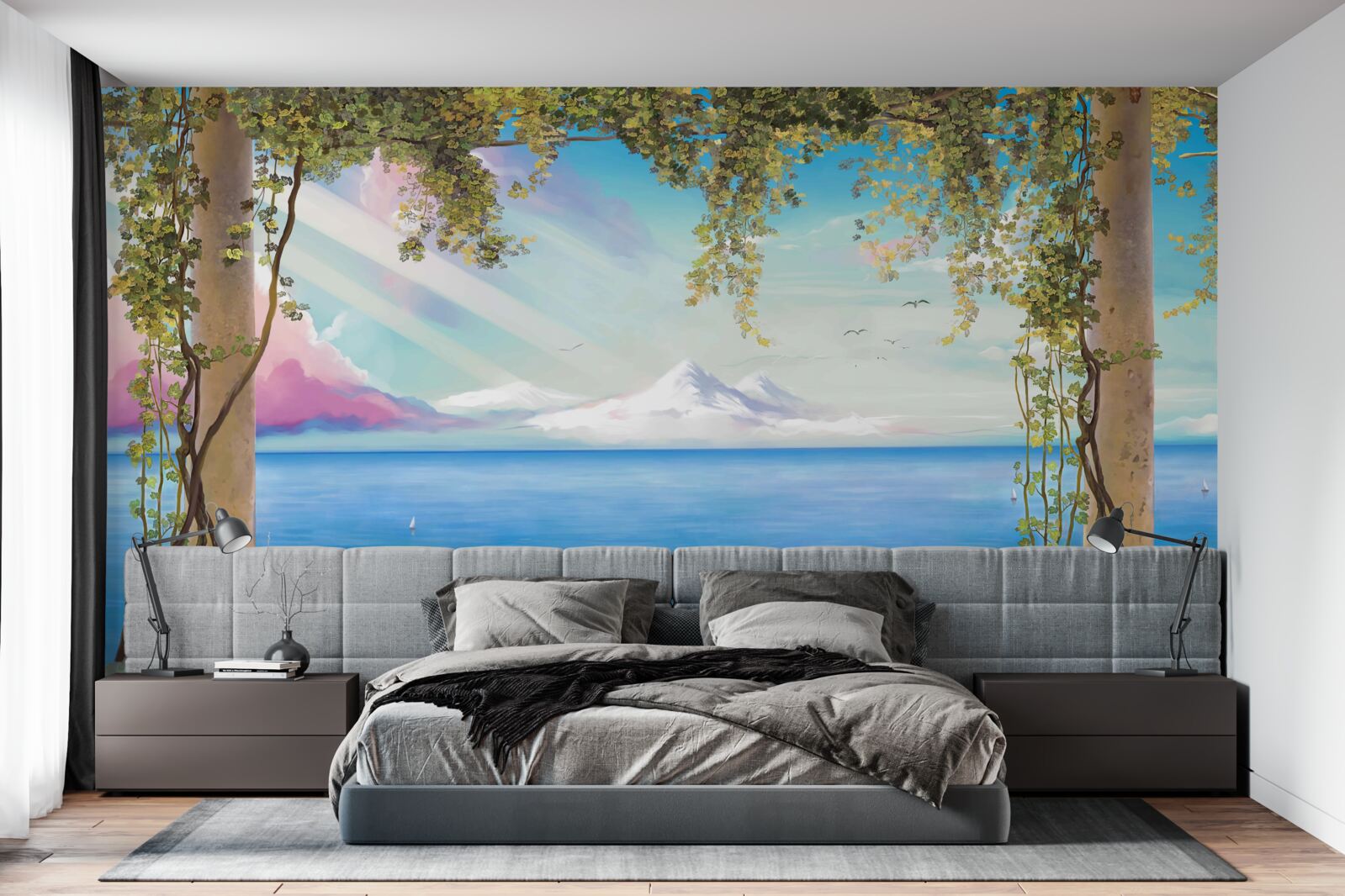 Papier peint paysage avec mer et montagnes lointaines