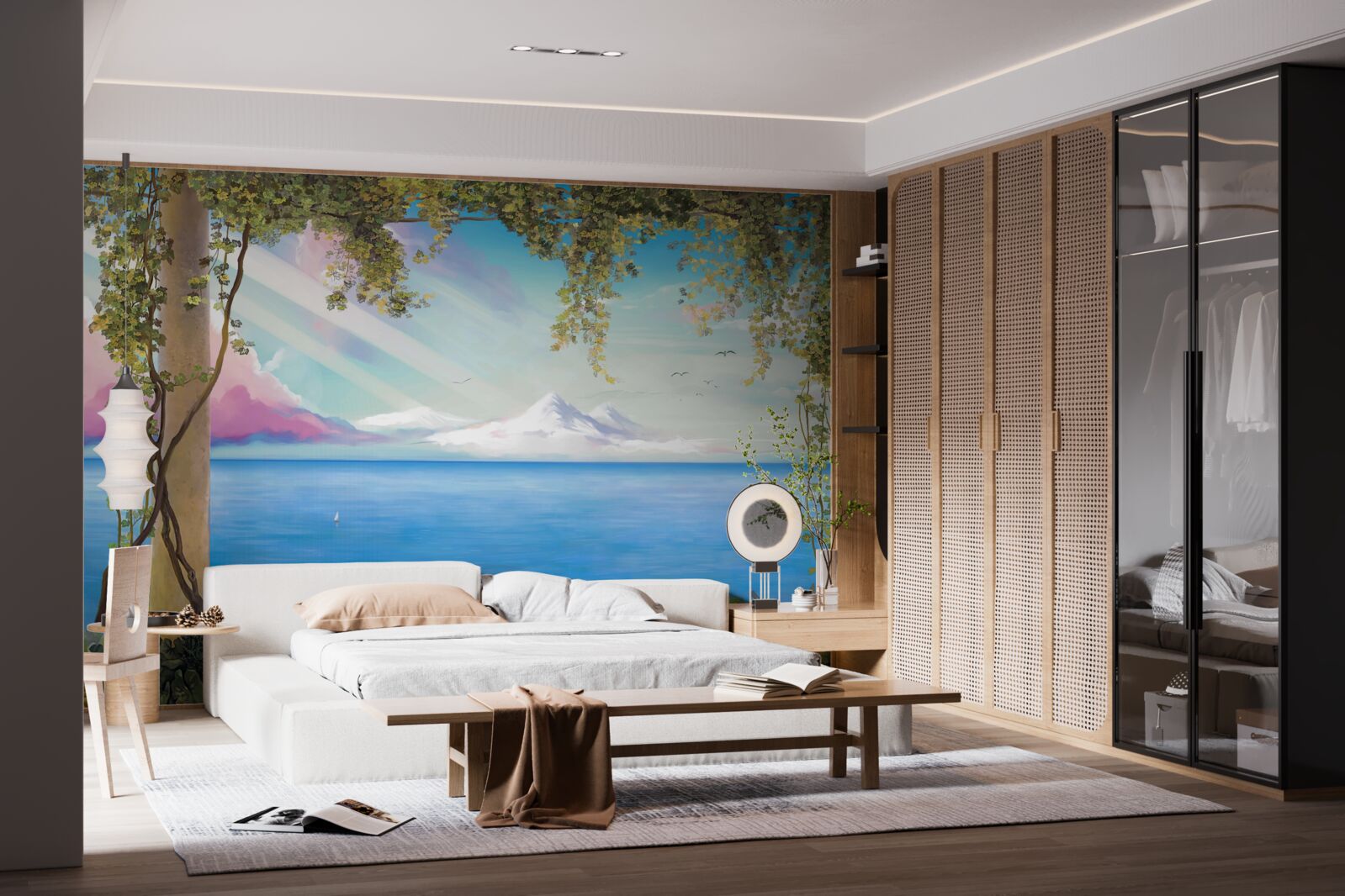 Papier peint paysage avec mer et montagnes lointaines