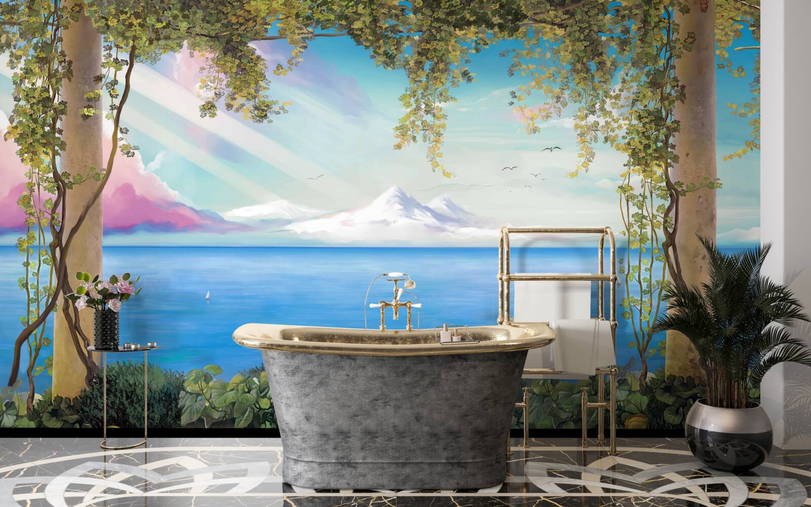 Papier peint paysage avec mer et montagnes lointaines