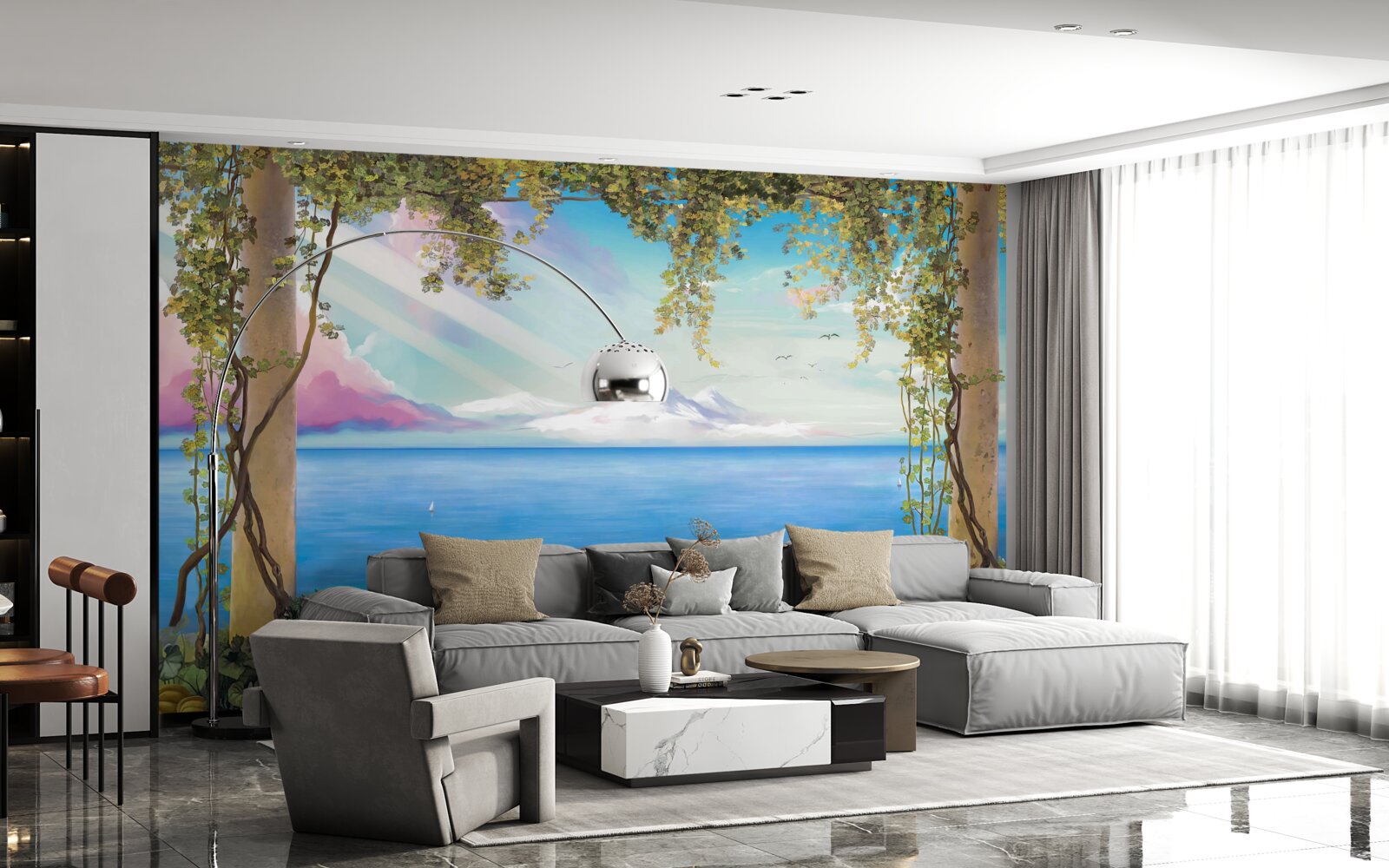 Papier peint paysage avec mer et montagnes lointaines