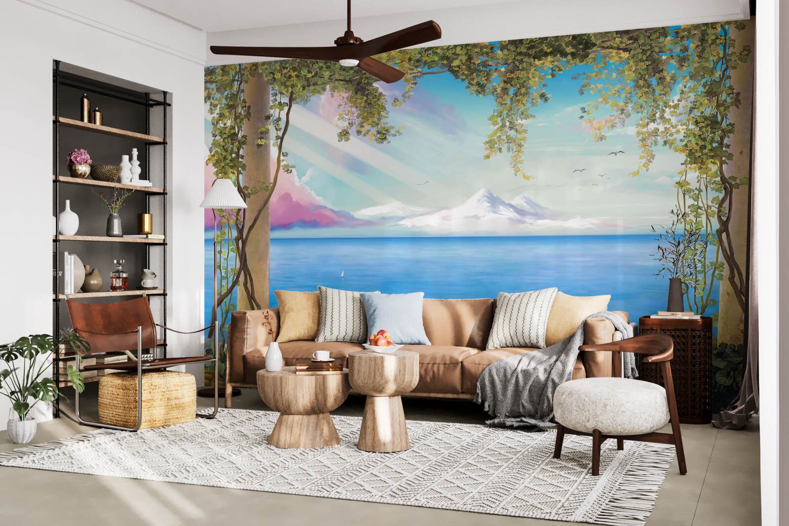 Papier peint paysage avec mer et montagnes lointaines