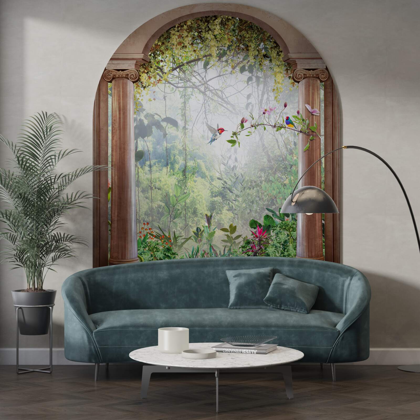 Papier peint jardin avec une arche en pierre