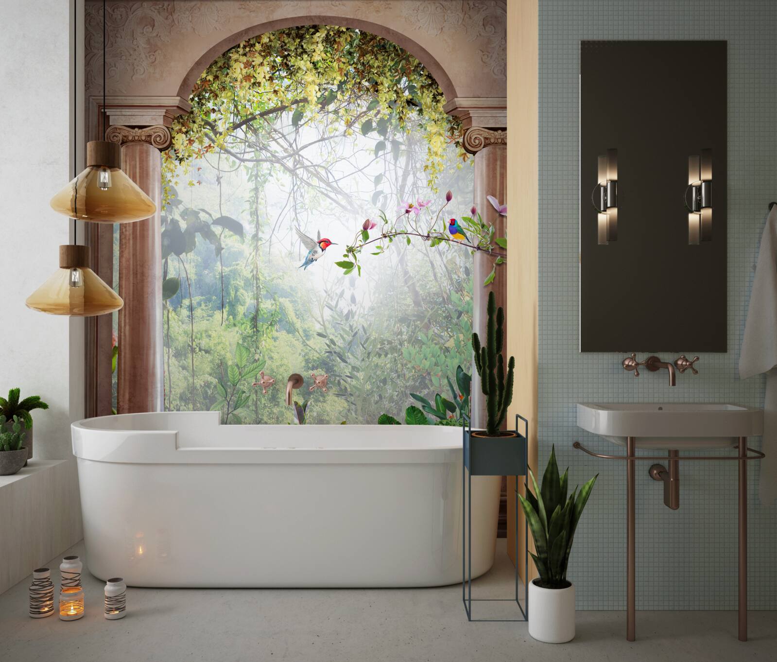 Papier peint jardin avec une arche en pierre