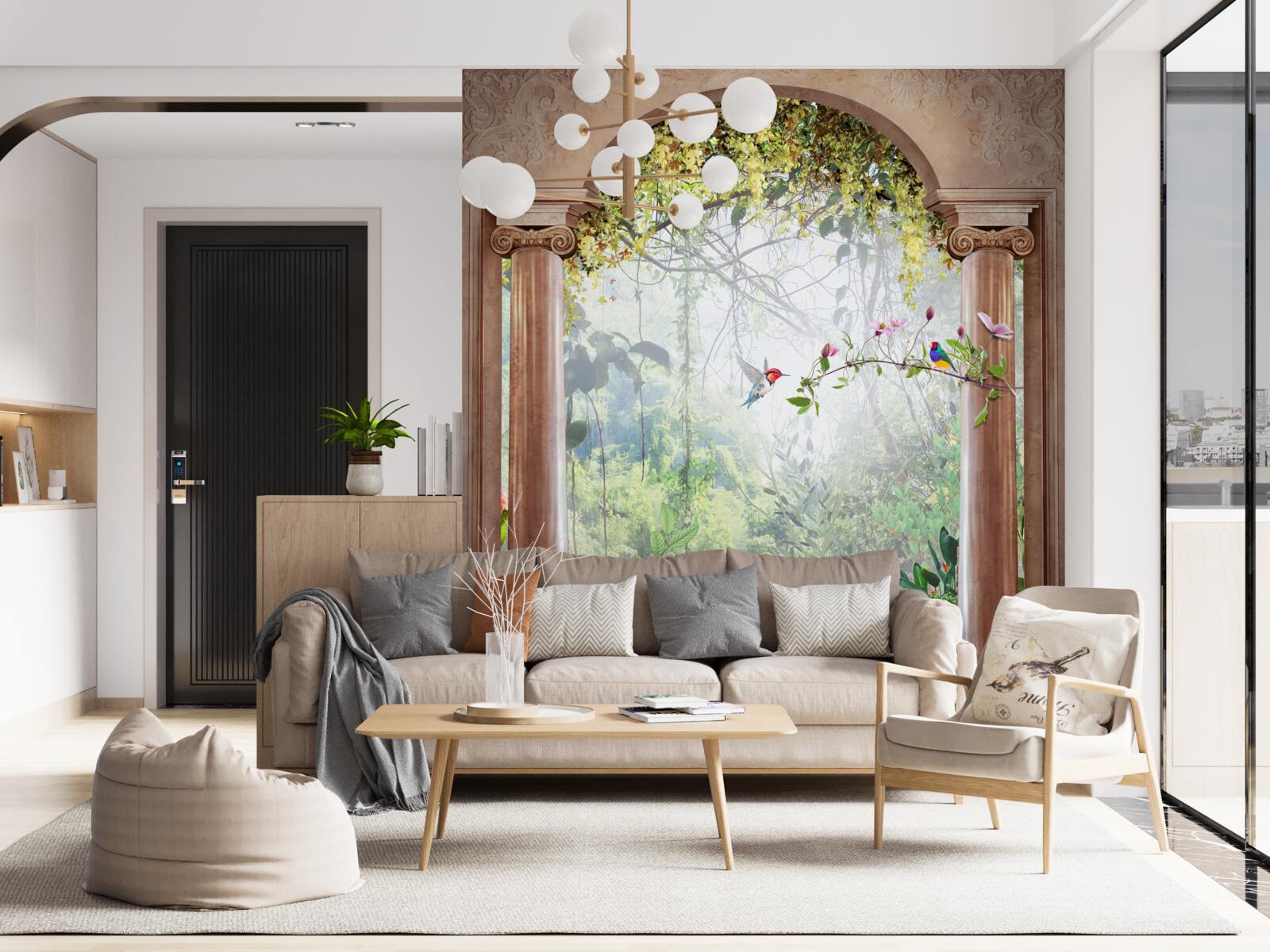 Papier peint jardin avec une arche en pierre