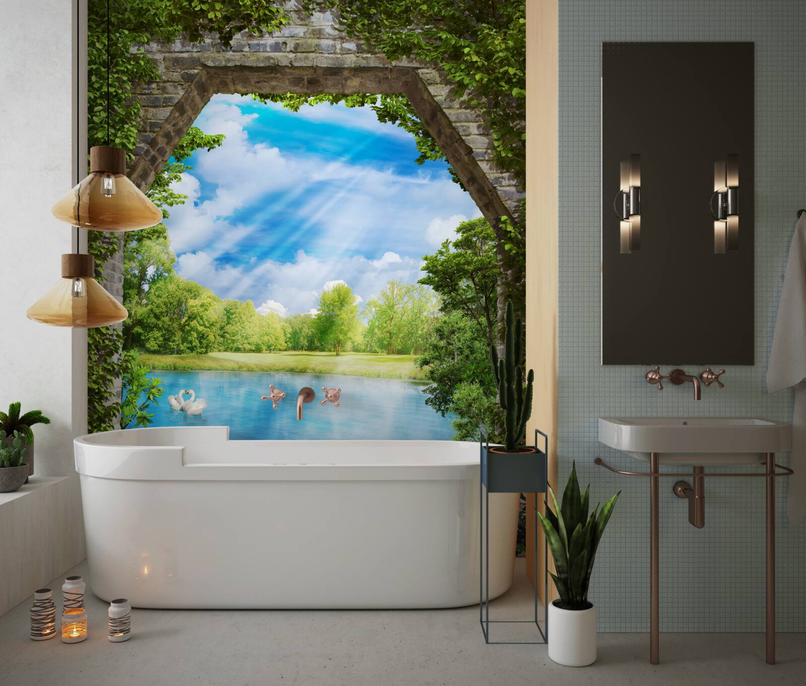 Papier peint des cygnes au plumage blanc flottent sur le lac