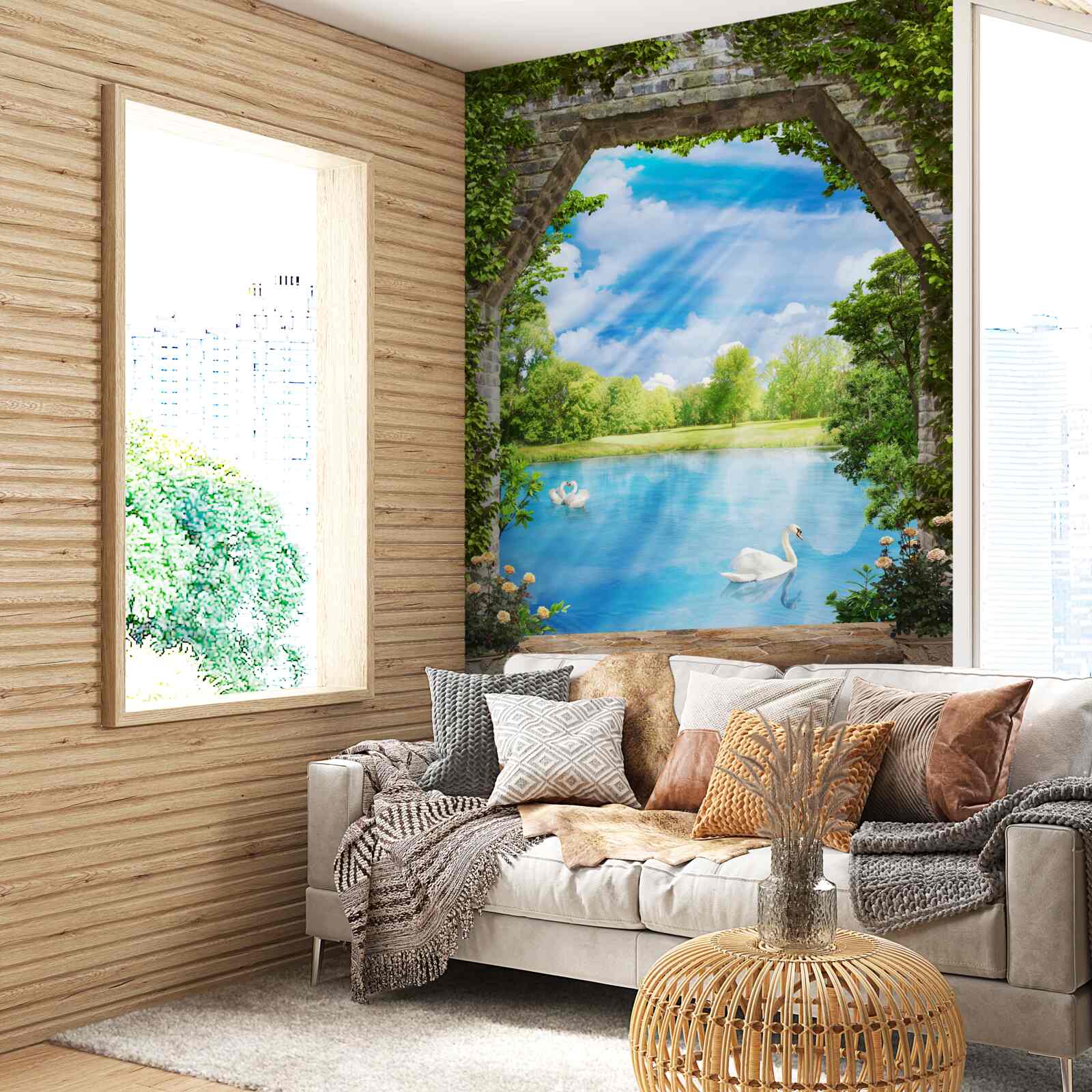 Papier peint des cygnes au plumage blanc flottent sur le lac