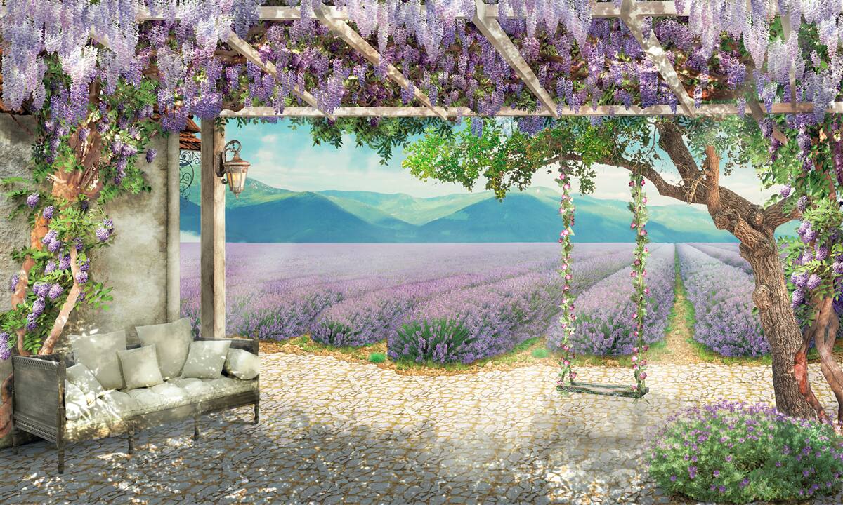 Papier peint à côté du champ de lavande, il y a une balançoire