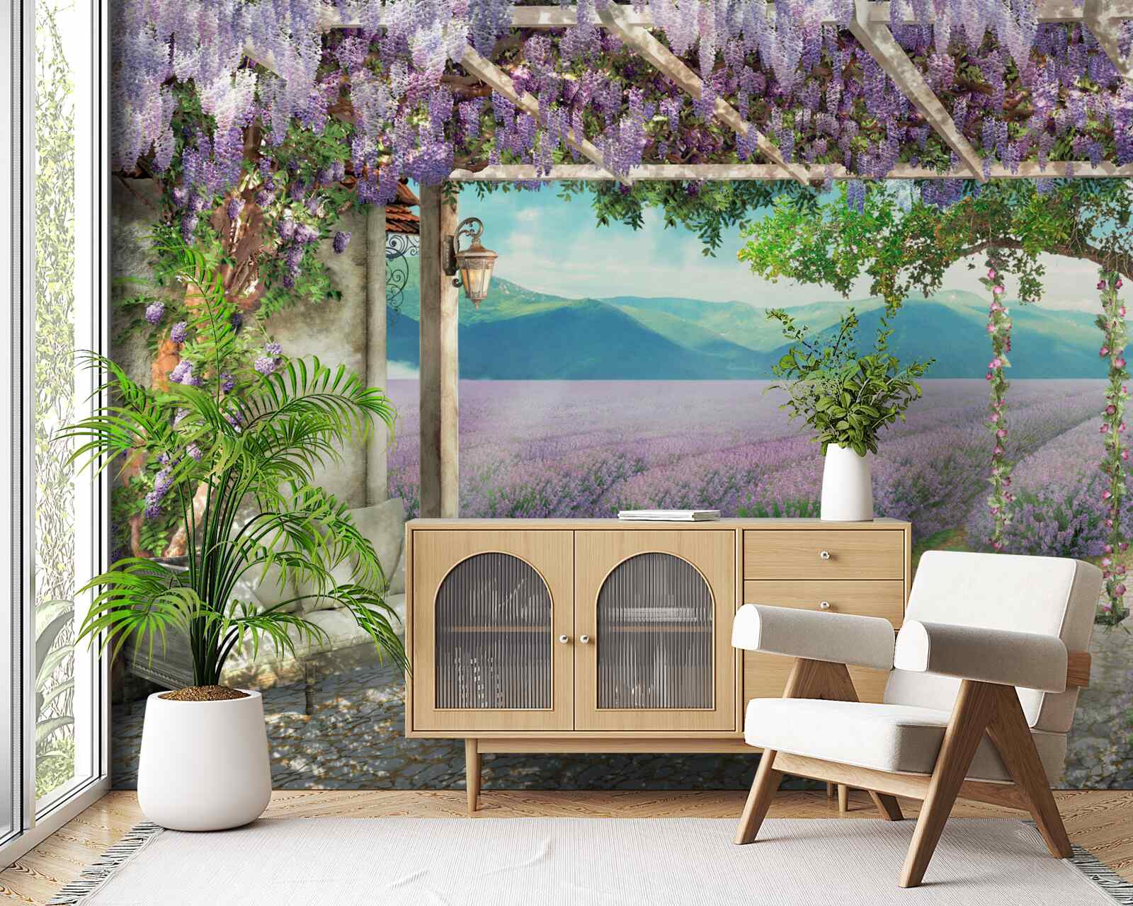 Papier peint à côté du champ de lavande, il y a une balançoire