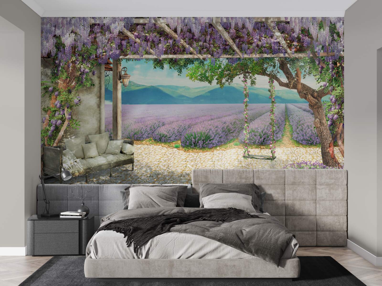 Papier peint à côté du champ de lavande, il y a une balançoire
