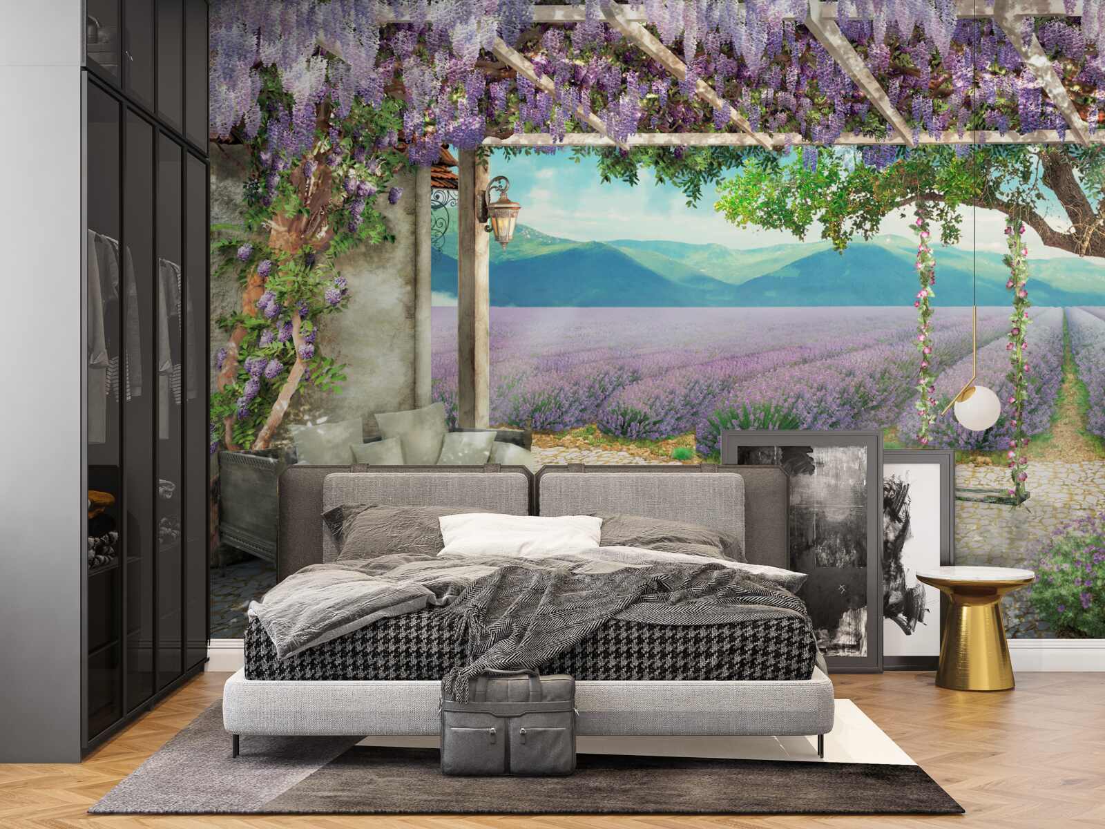 Papier peint à côté du champ de lavande, il y a une balançoire