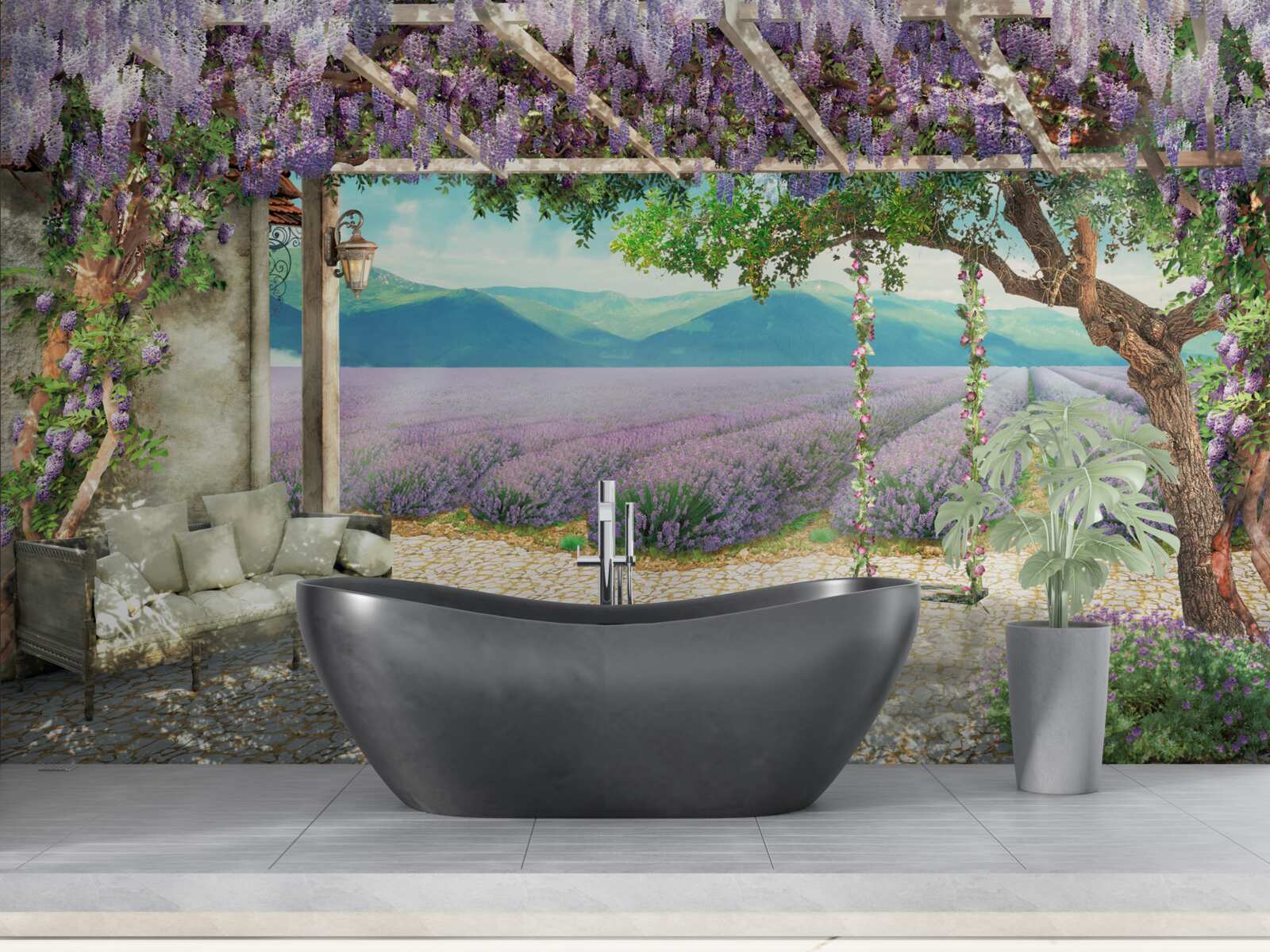 Papier peint à côté du champ de lavande, il y a une balançoire