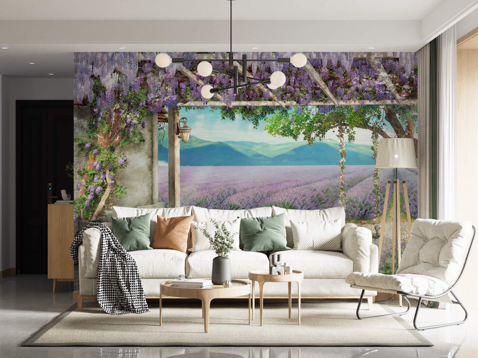 Papier peint à côté du champ de lavande, il y a une balançoire