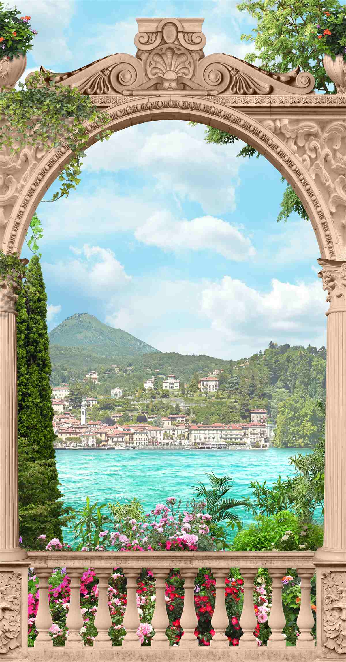 Papier peint loggia avec porte cintrée et beau paysage