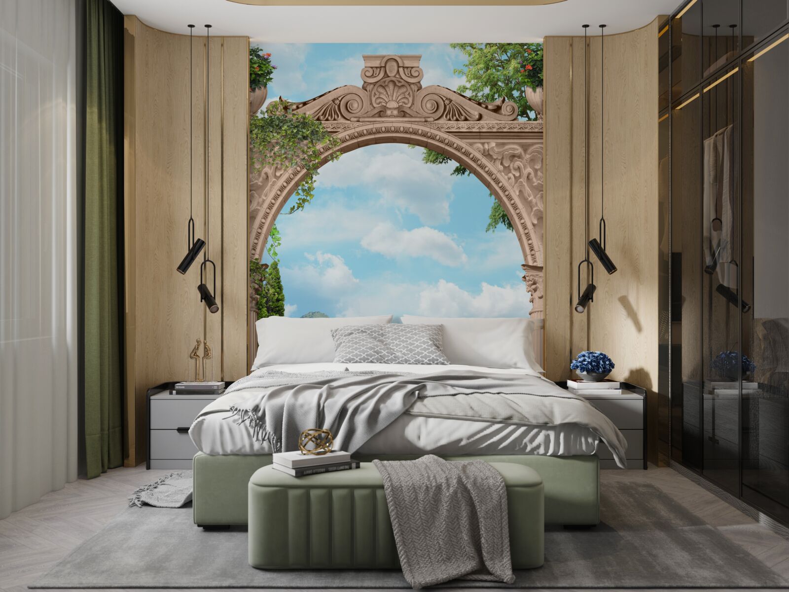 Papier peint loggia avec porte cintrée et beau paysage