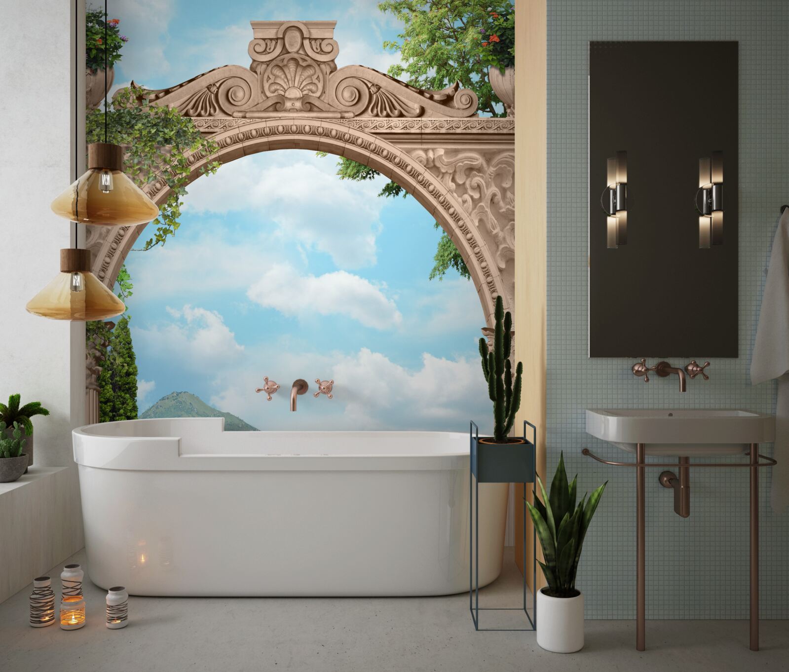 Papier peint loggia avec porte cintrée et beau paysage