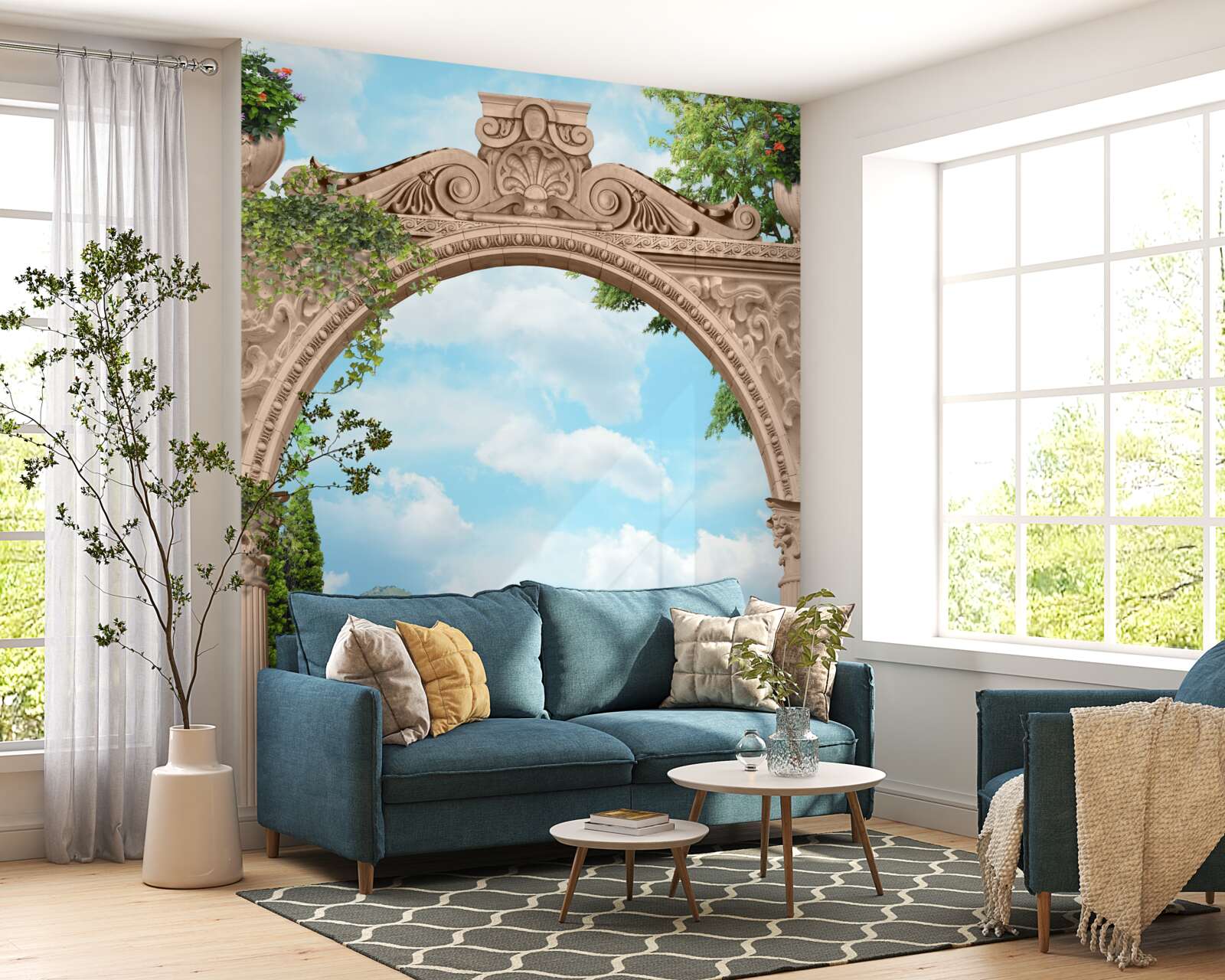 Papier peint loggia avec porte cintrée et beau paysage