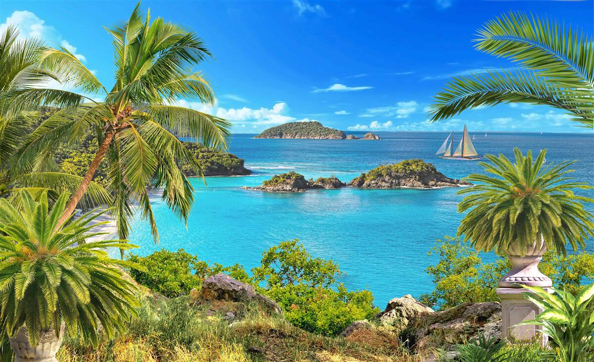 Papier peint océan et cocotiers