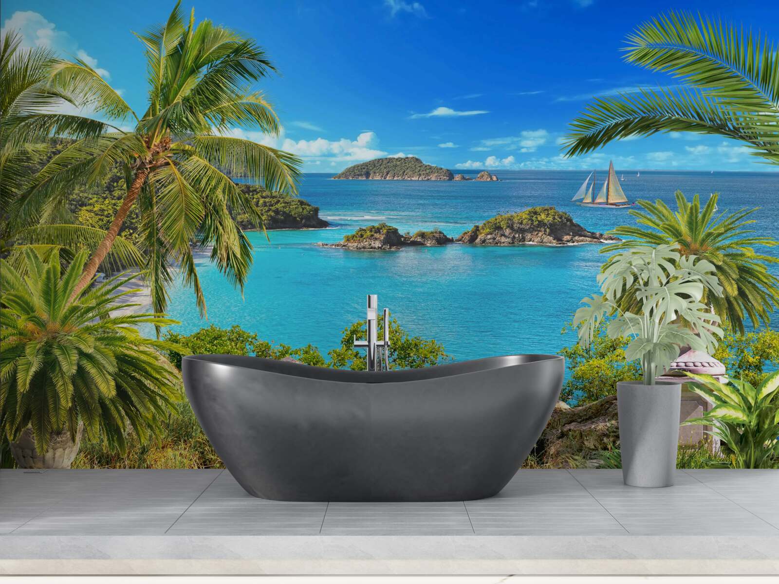 Papier peint océan et cocotiers