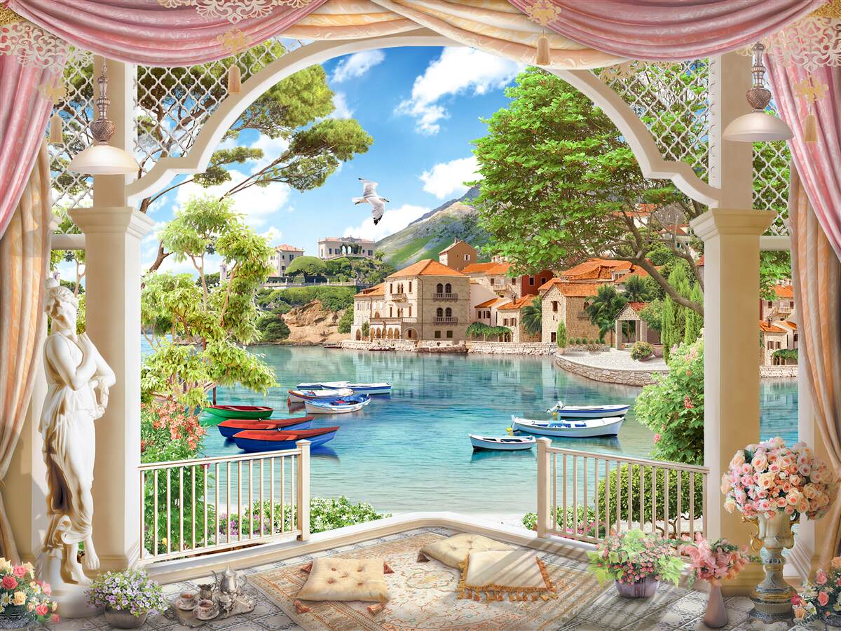 Papier peint balcon avec vue sur la mer et les bateaux