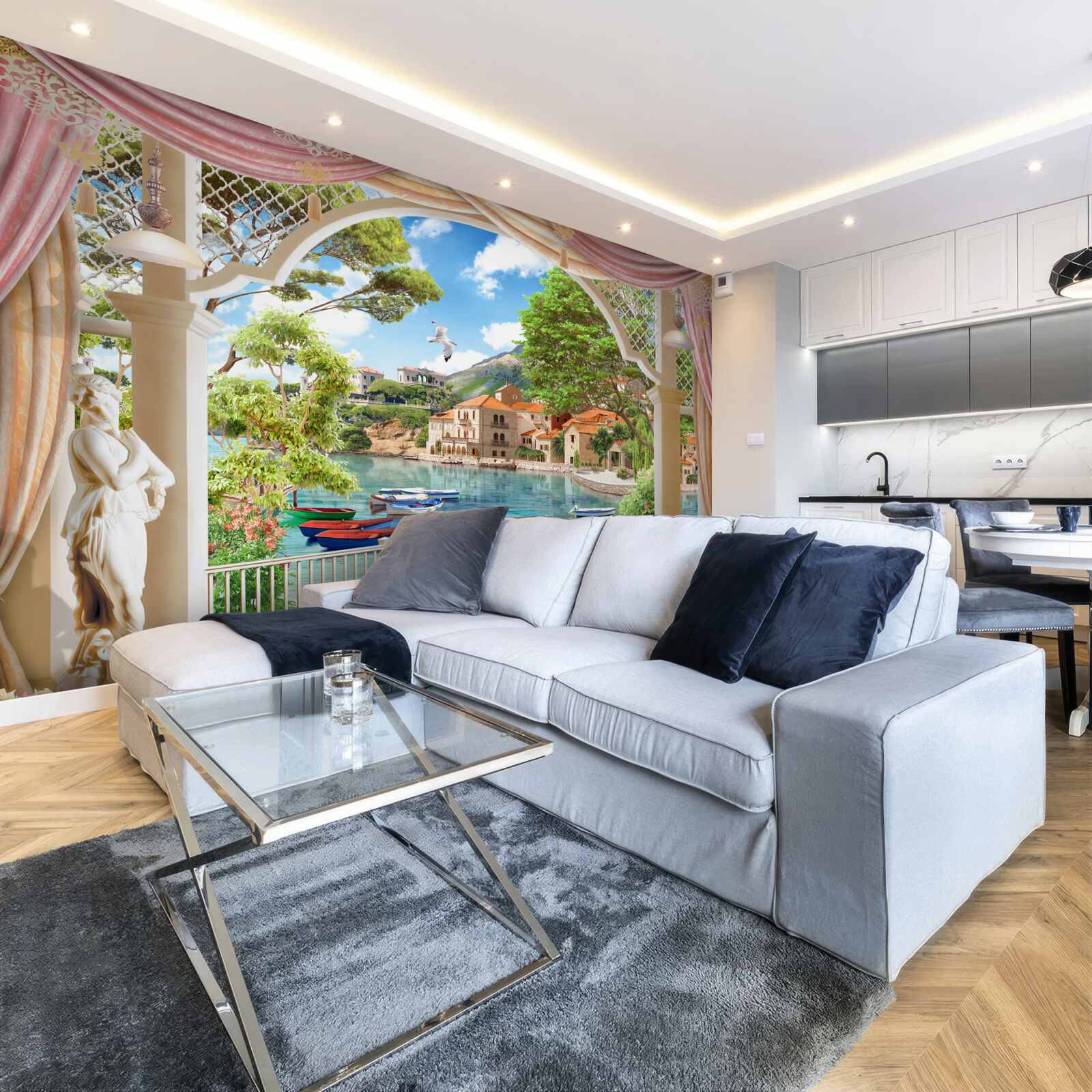 Papier peint balcon avec vue sur la mer et les bateaux