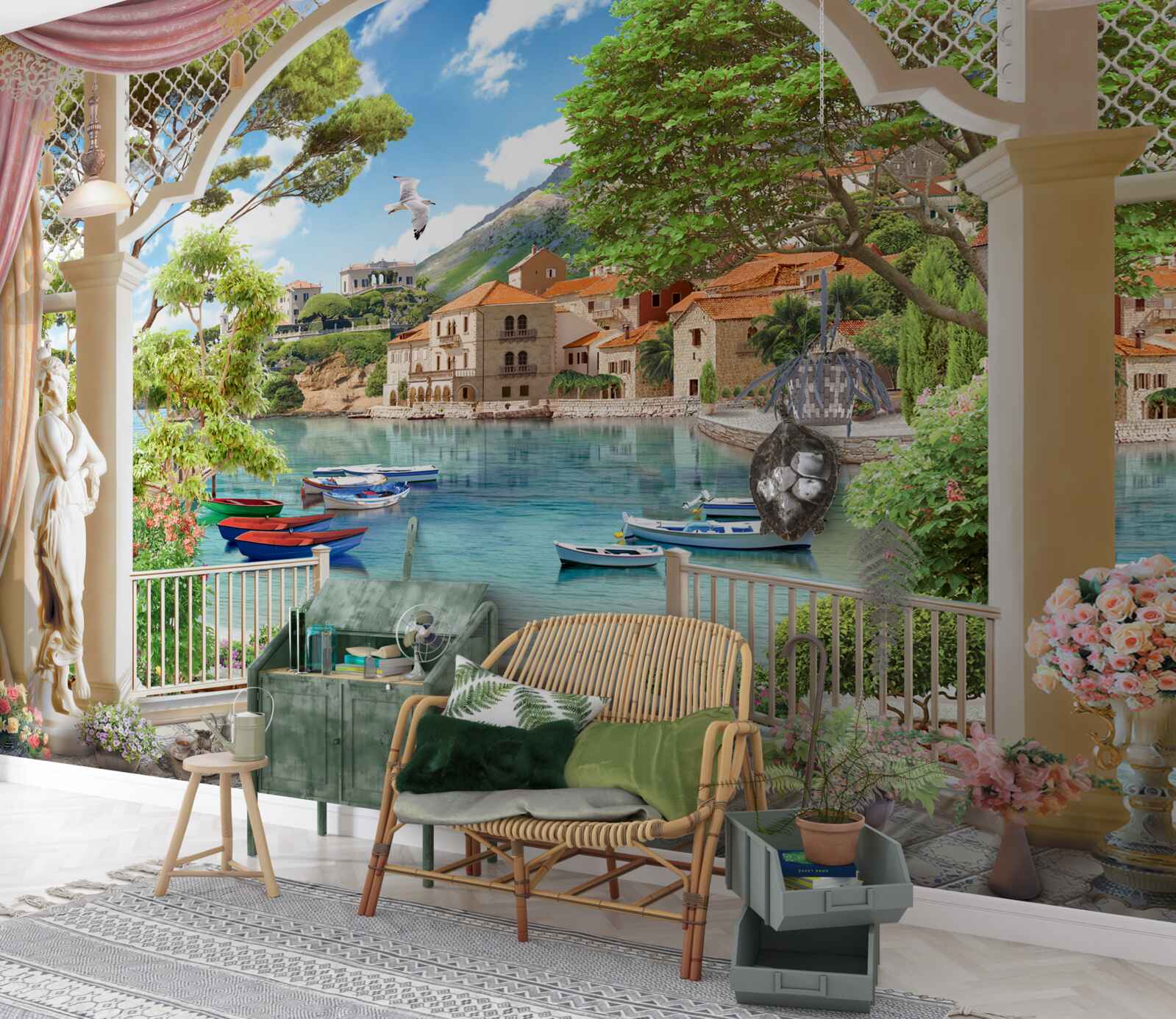 Papier peint balcon avec vue sur la mer et les bateaux