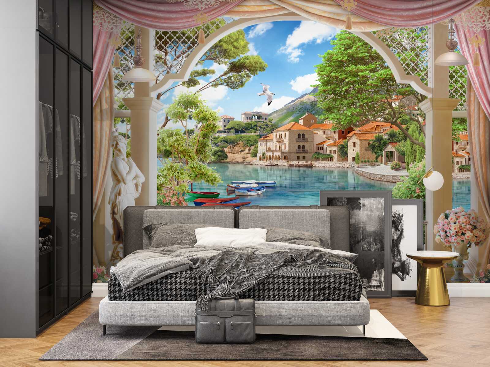 Papier peint balcon avec vue sur la mer et les bateaux