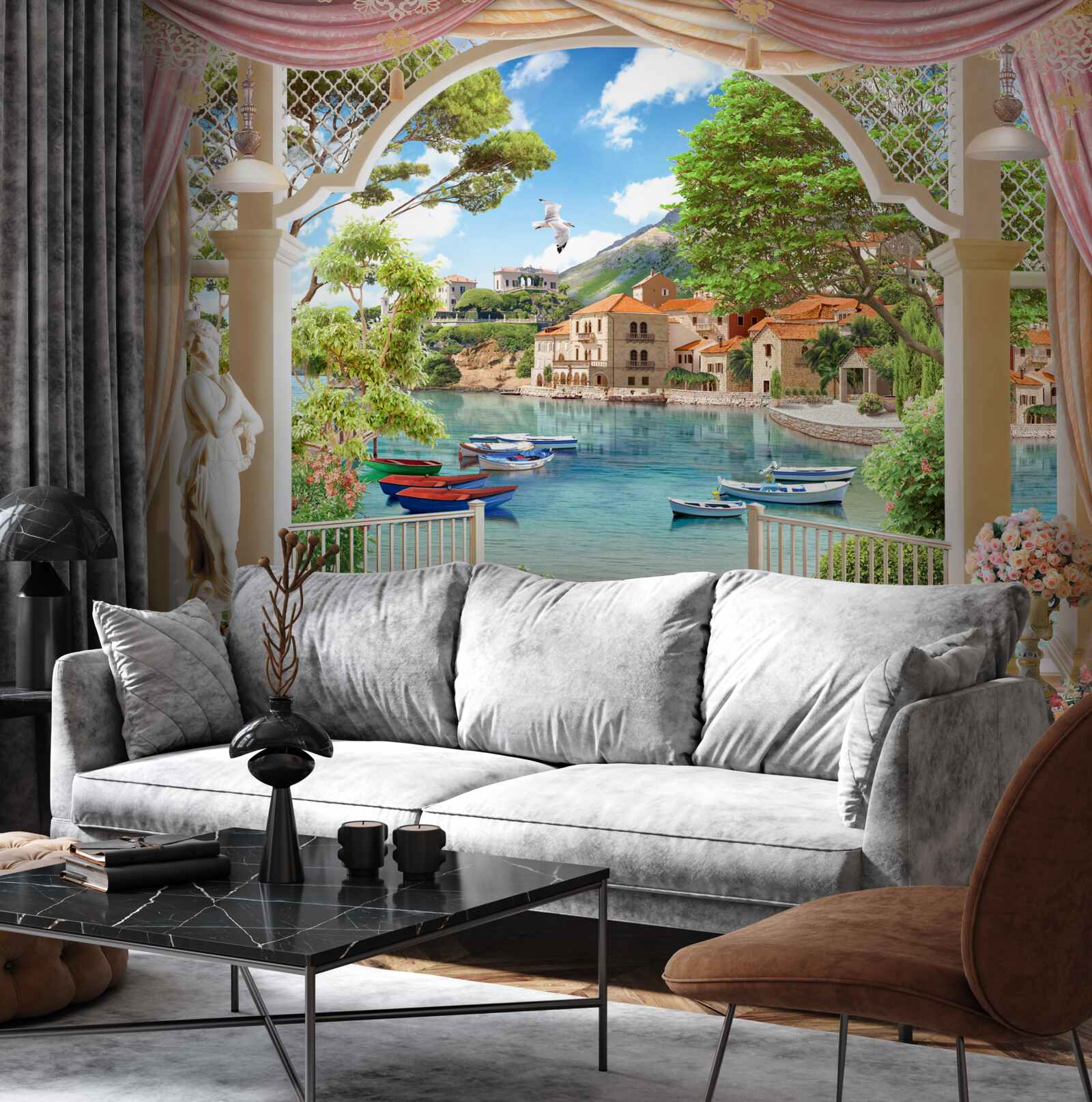 Papier peint balcon avec vue sur la mer et les bateaux