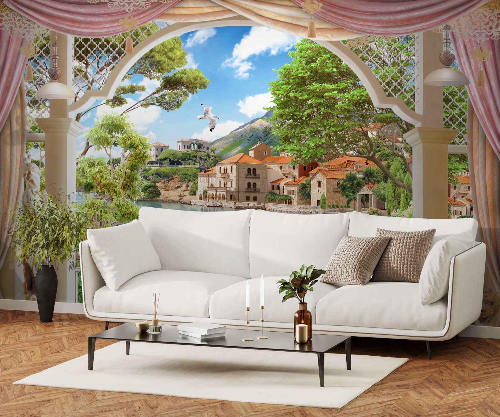 Papier peint balcon avec vue sur la mer et les bateaux