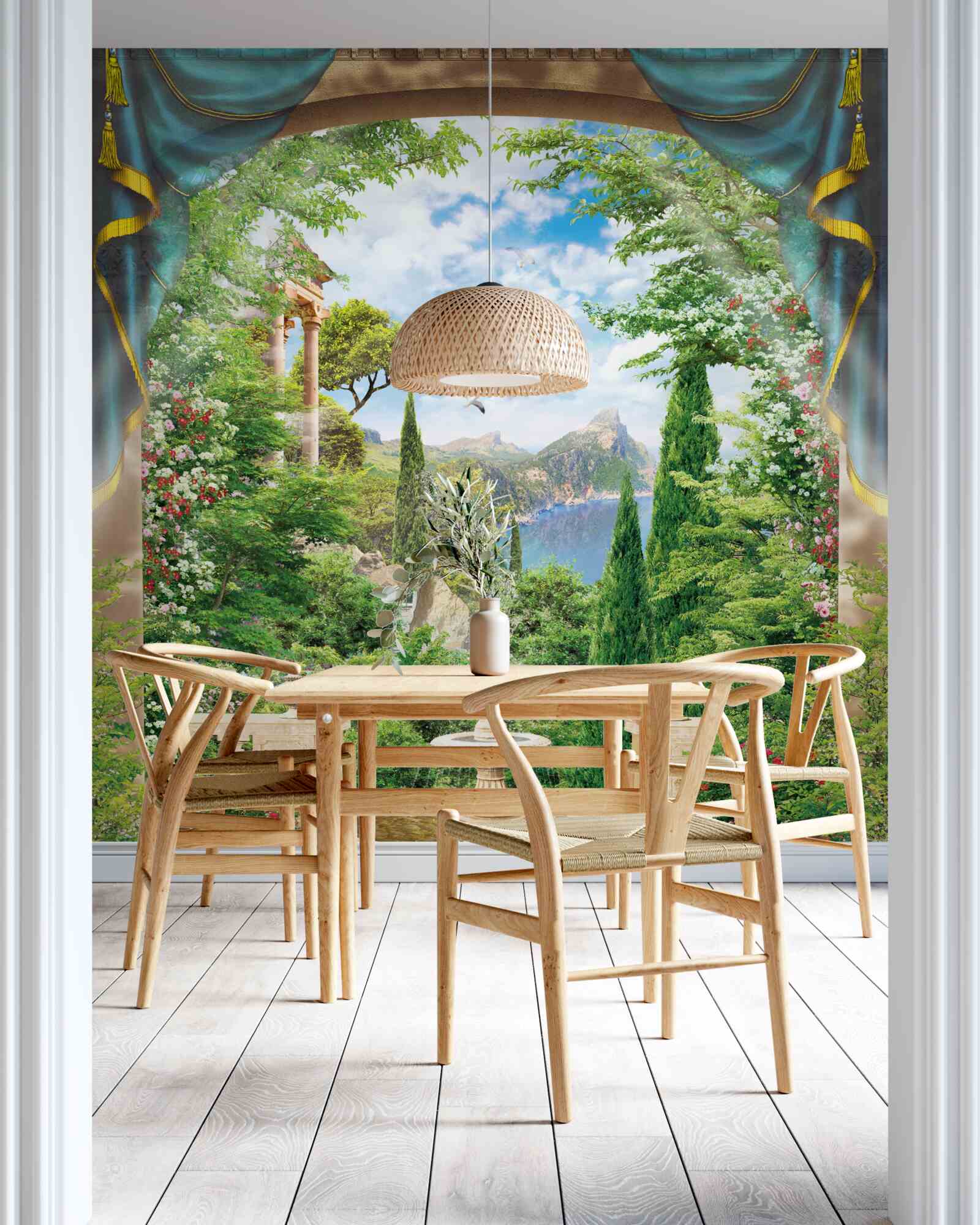 Papier peint un jardin fleuri et une fontaine jaillissant de l'eau