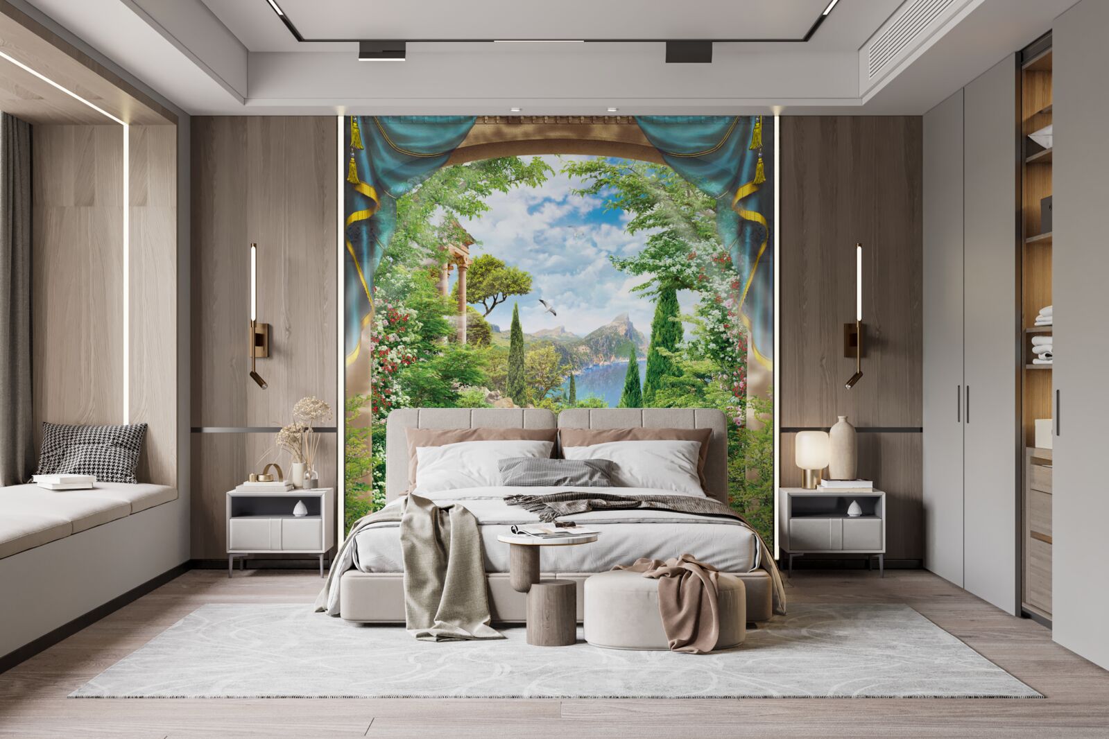 Papier peint un jardin fleuri et une fontaine jaillissant de l'eau