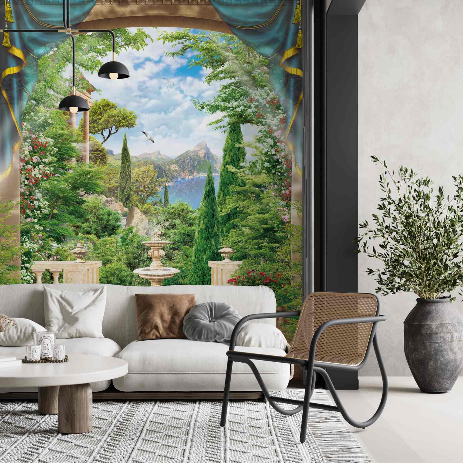 Papier peint un jardin fleuri et une fontaine jaillissant de l'eau