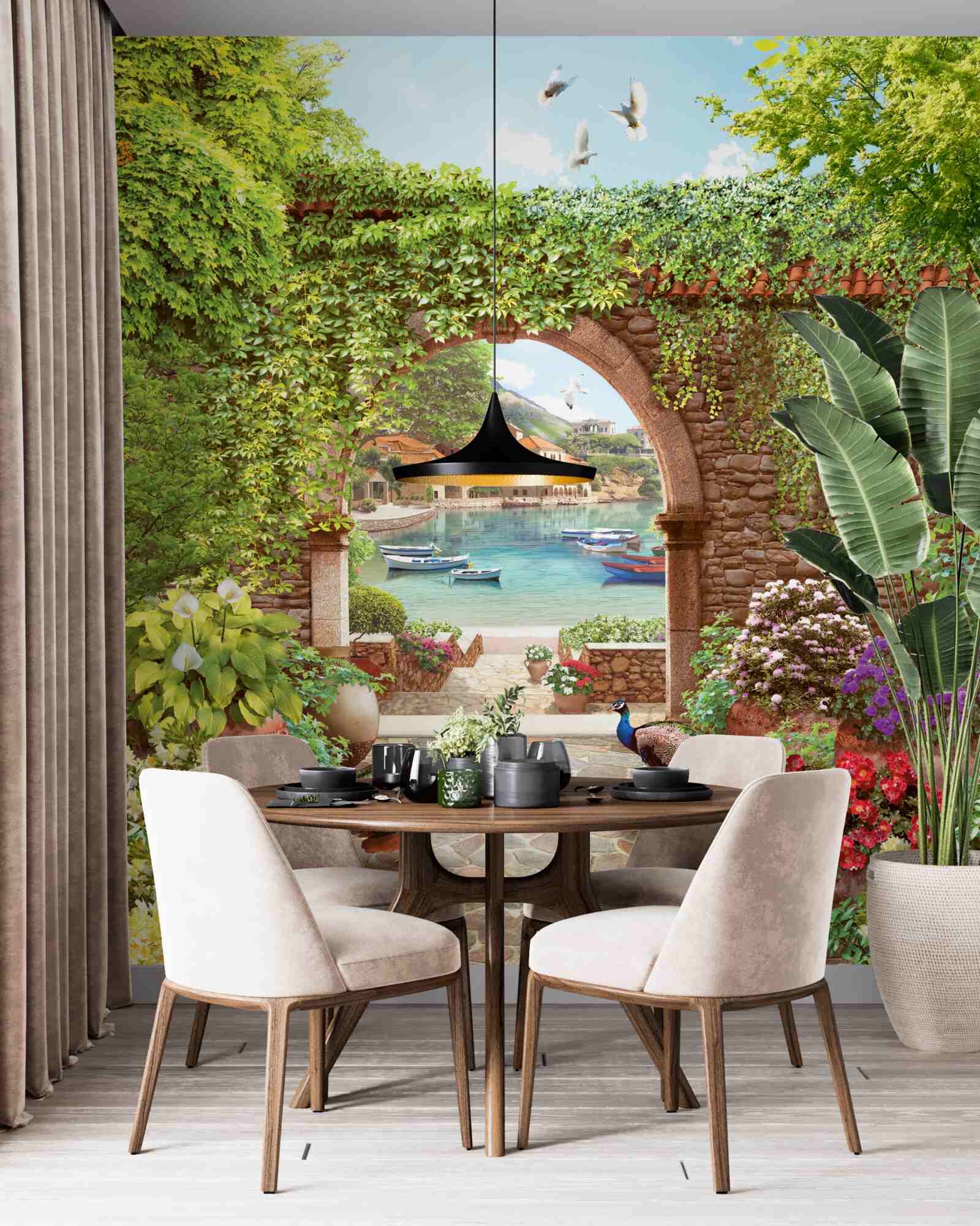 Papier peint paons près de l'arche de pierre