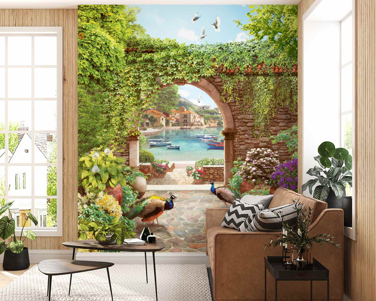 Papier peint paons près de l'arche de pierre