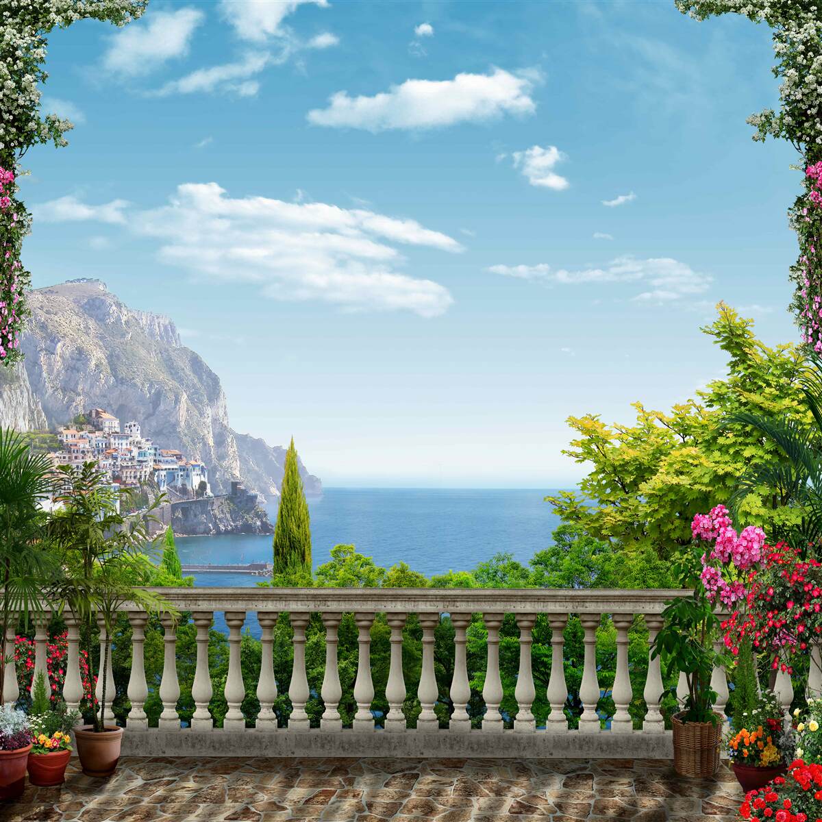 Papier peint vue panoramique du balcon sur les montagnes et la mer