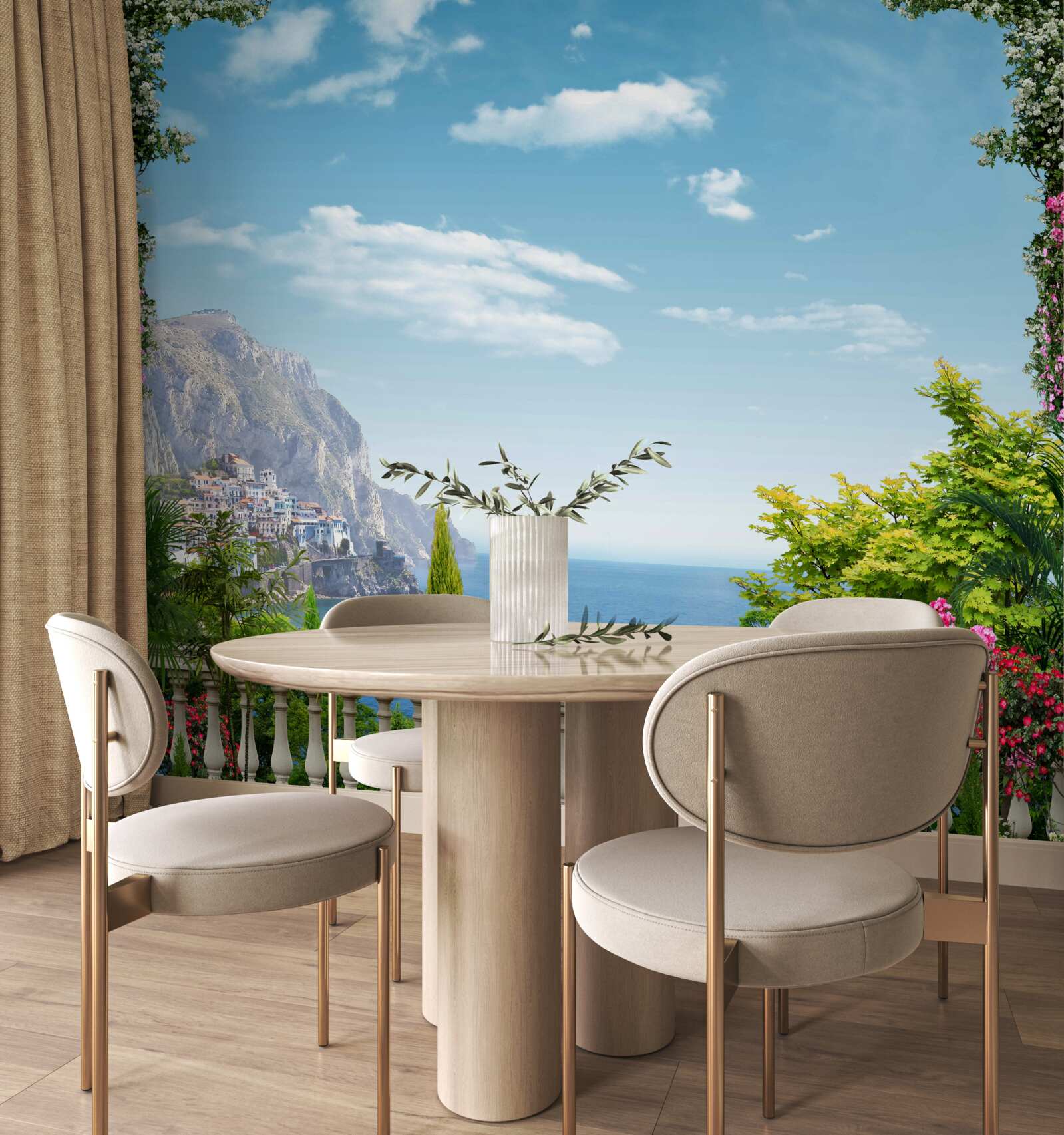 Papier peint vue panoramique du balcon sur les montagnes et la mer