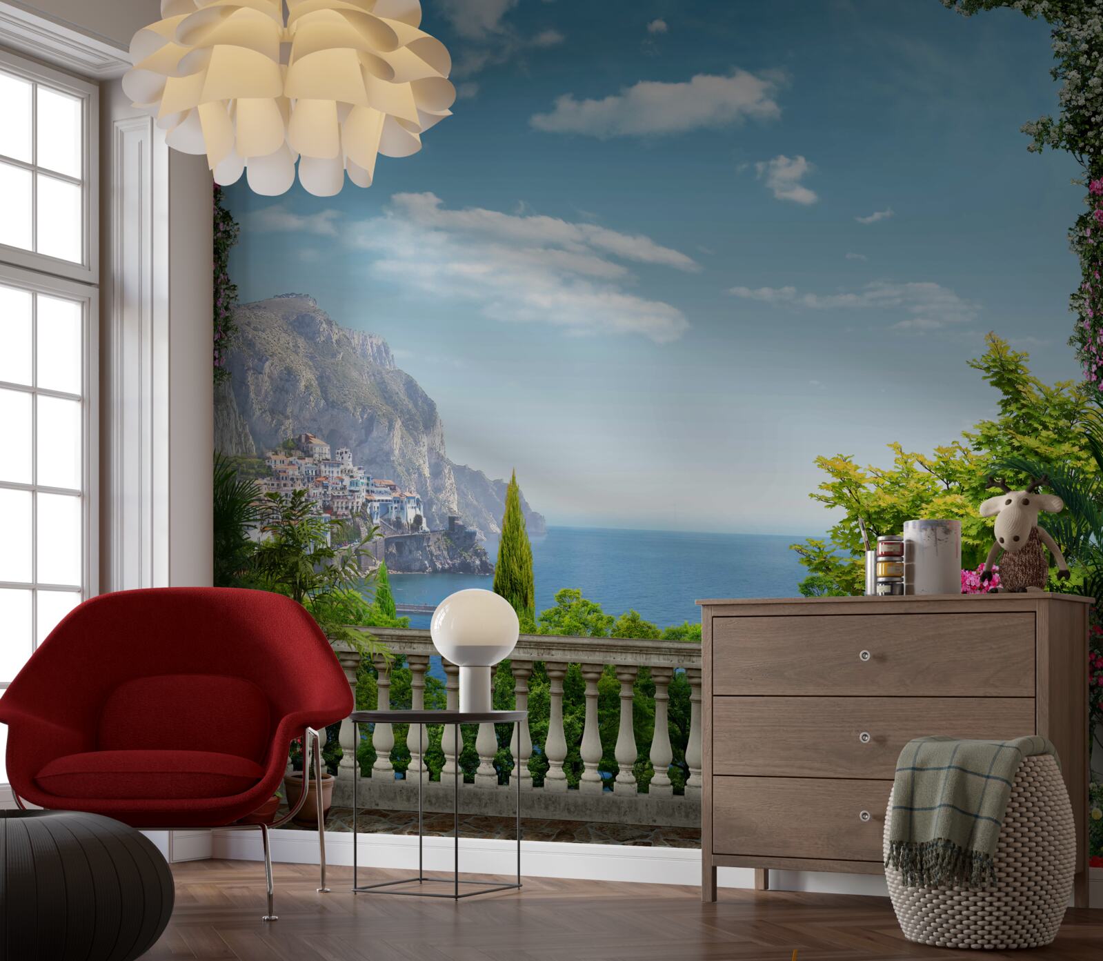 Papier peint vue panoramique du balcon sur les montagnes et la mer