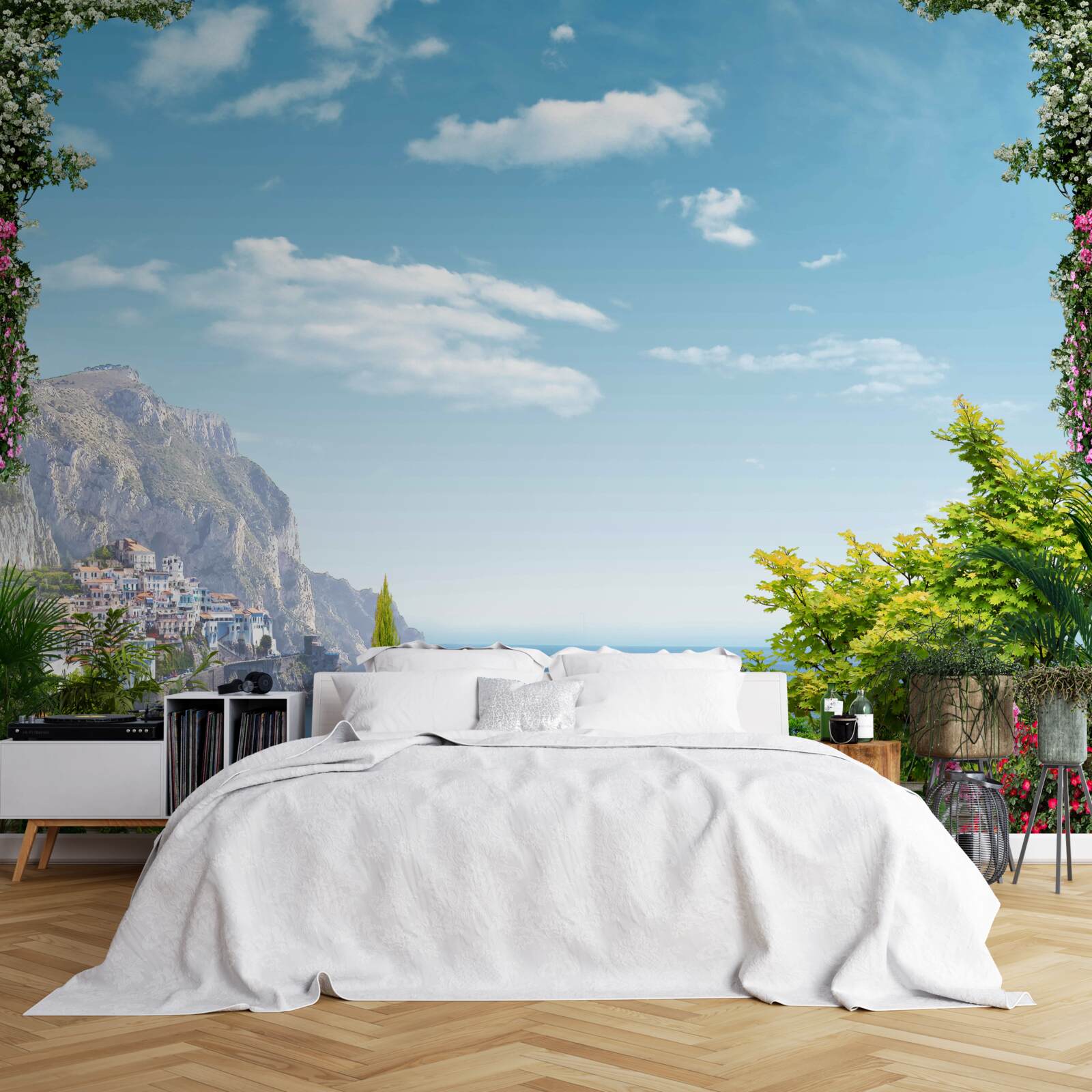 Papier peint vue panoramique du balcon sur les montagnes et la mer