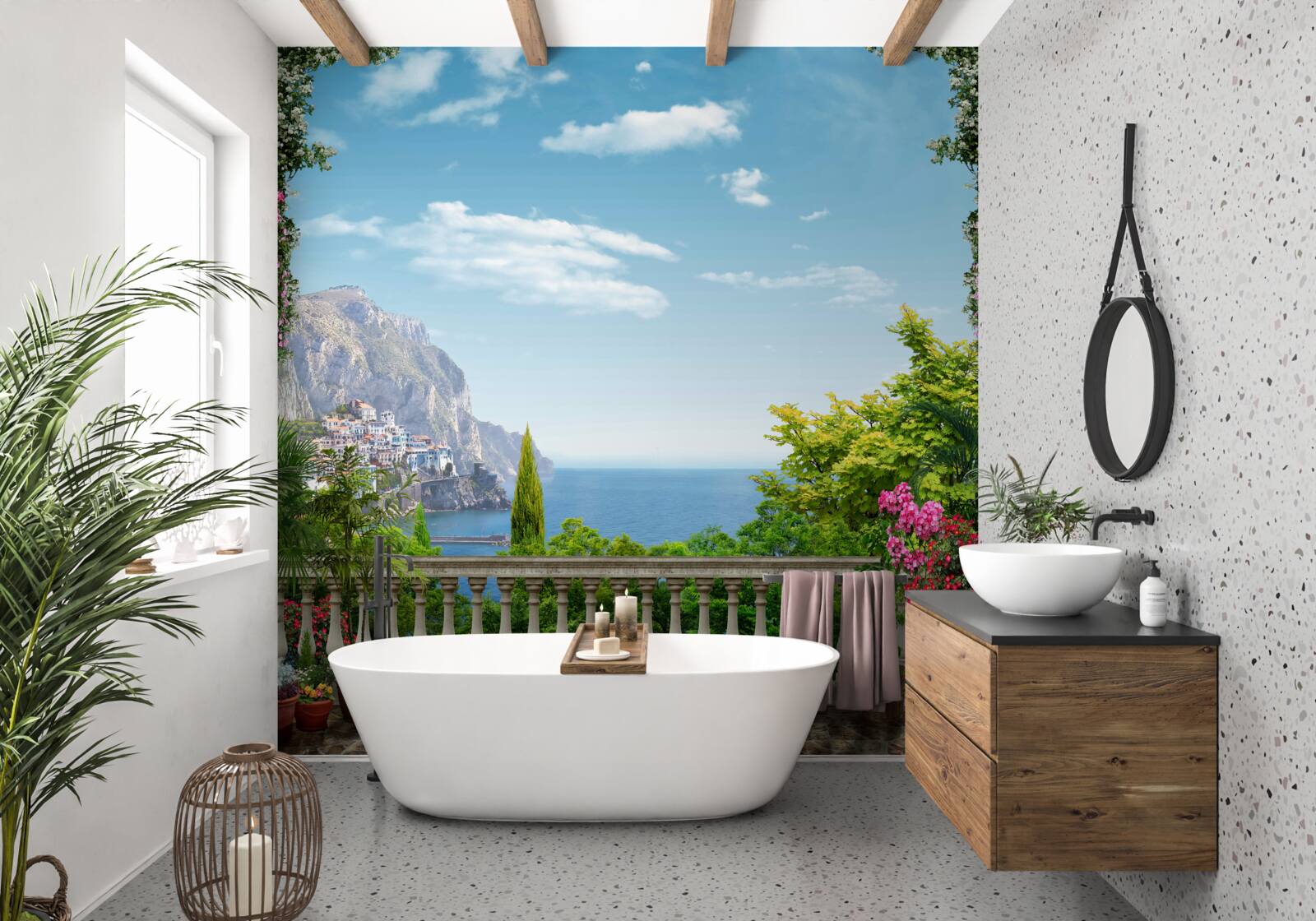 Papier peint vue panoramique du balcon sur les montagnes et la mer