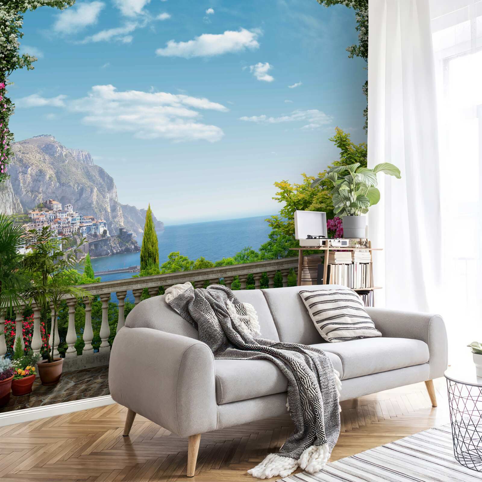 Papier peint vue panoramique du balcon sur les montagnes et la mer