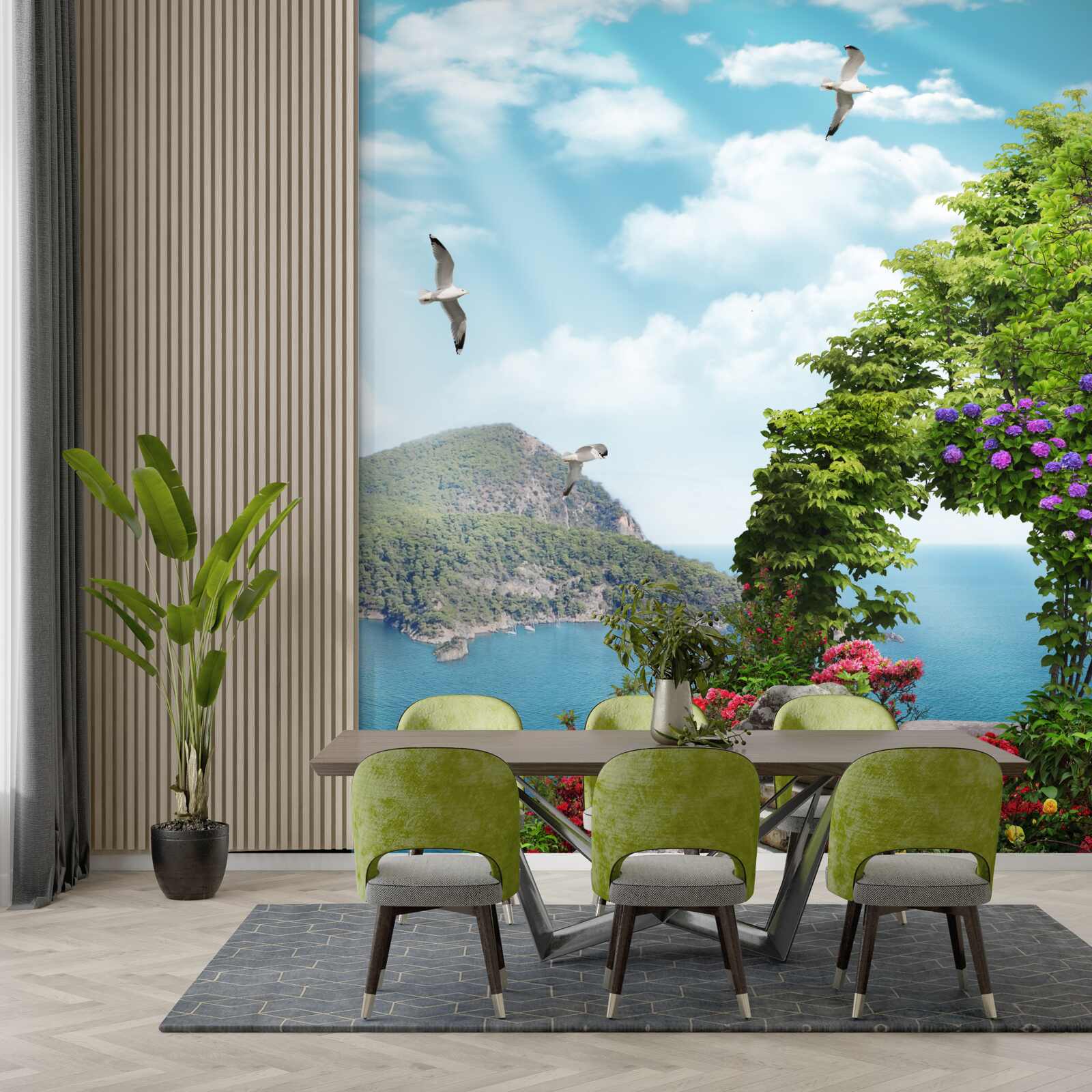 Papier peint jardin planté avec vue panoramique sur la mer