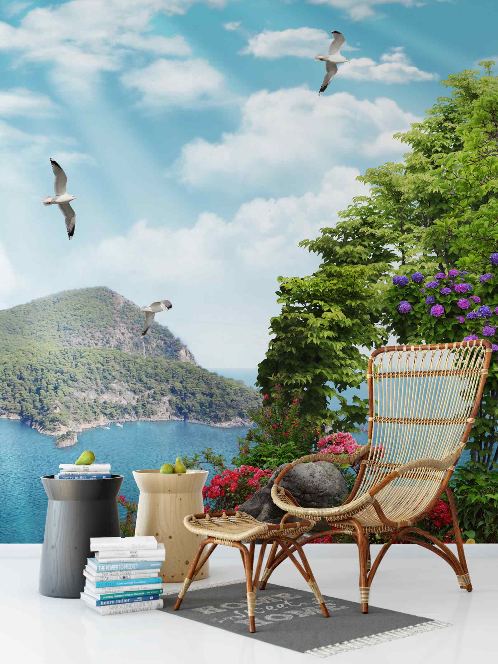 Papier peint jardin planté avec vue panoramique sur la mer