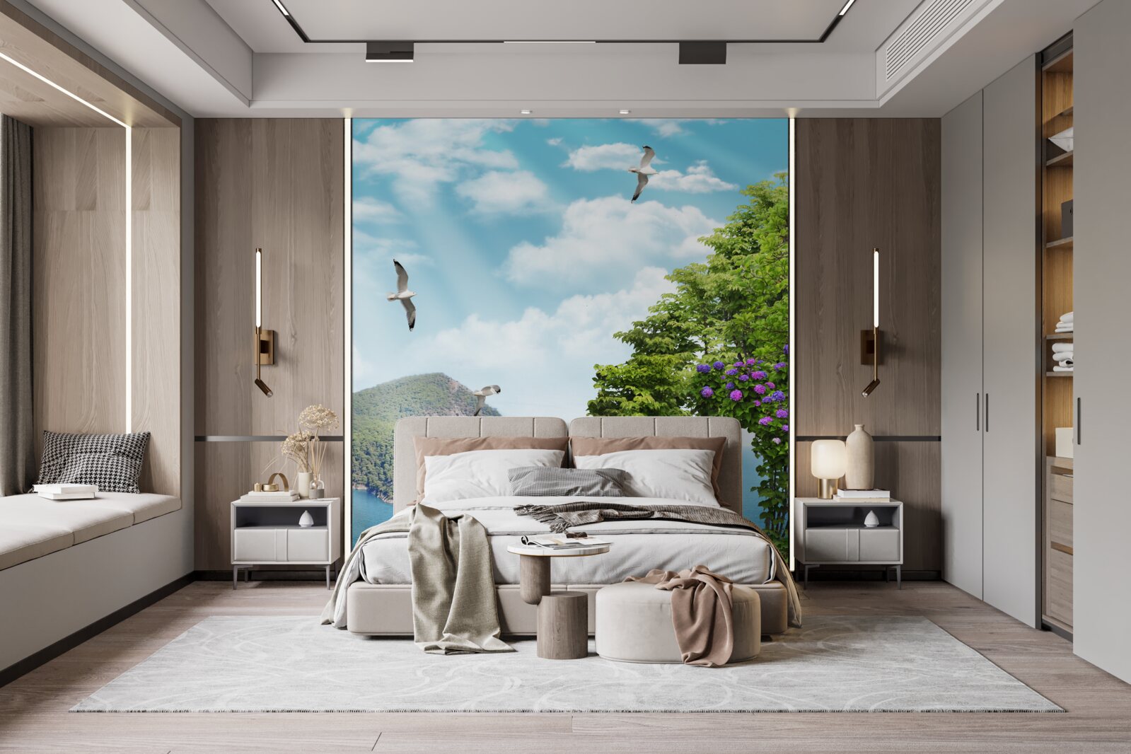 Papier peint jardin planté avec vue panoramique sur la mer