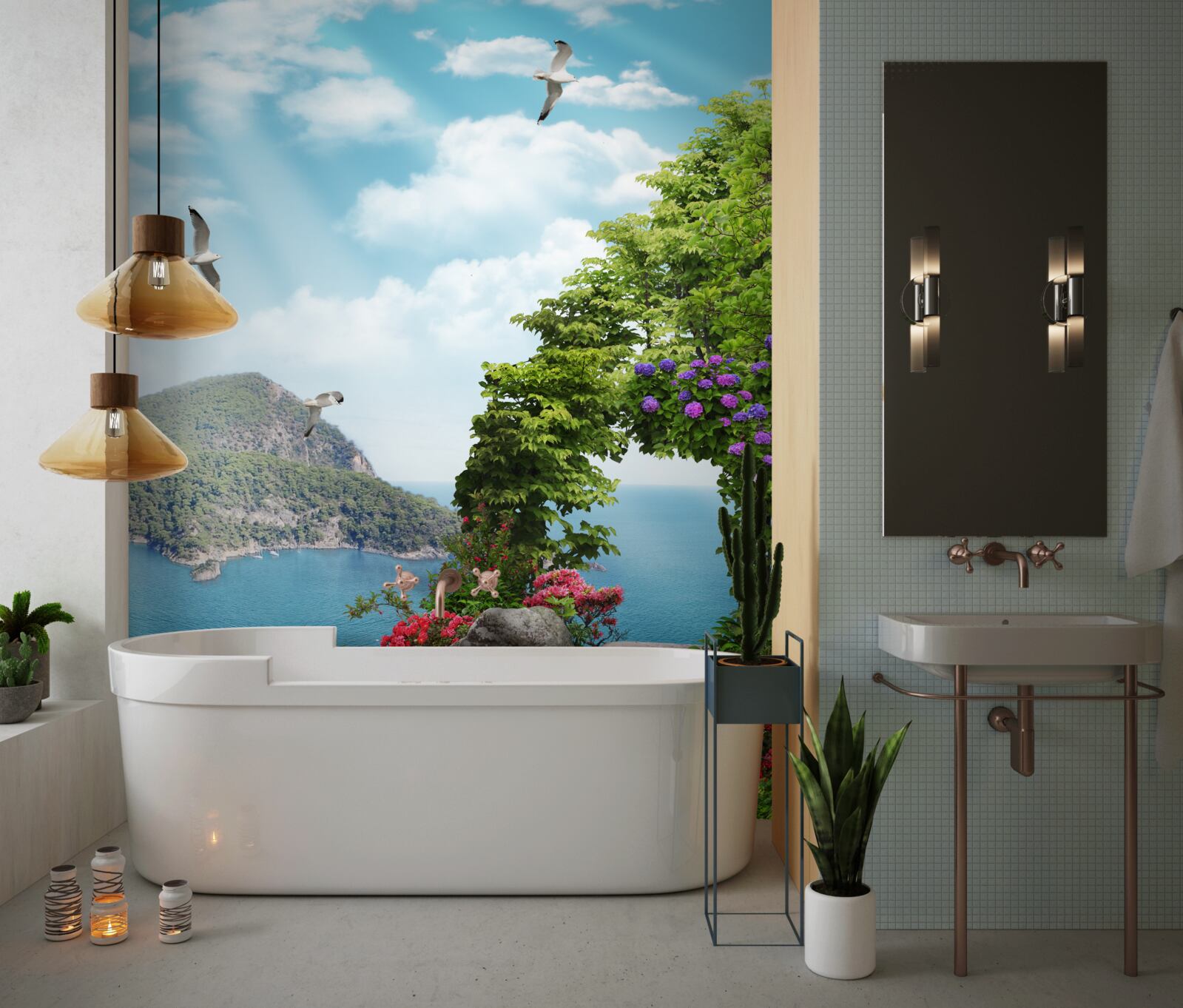 Papier peint jardin planté avec vue panoramique sur la mer