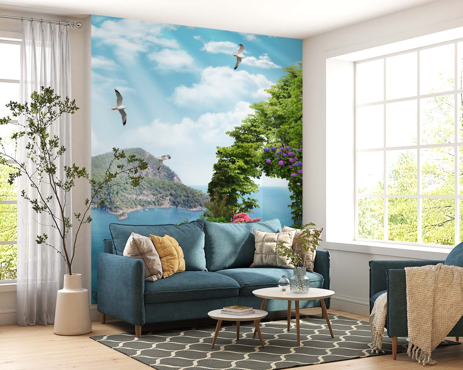 Papier peint jardin planté avec vue panoramique sur la mer