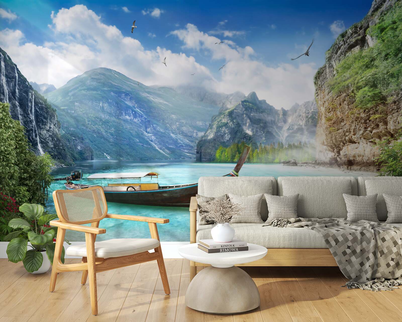 Papier peint bateau sur un lac dans les montagnes